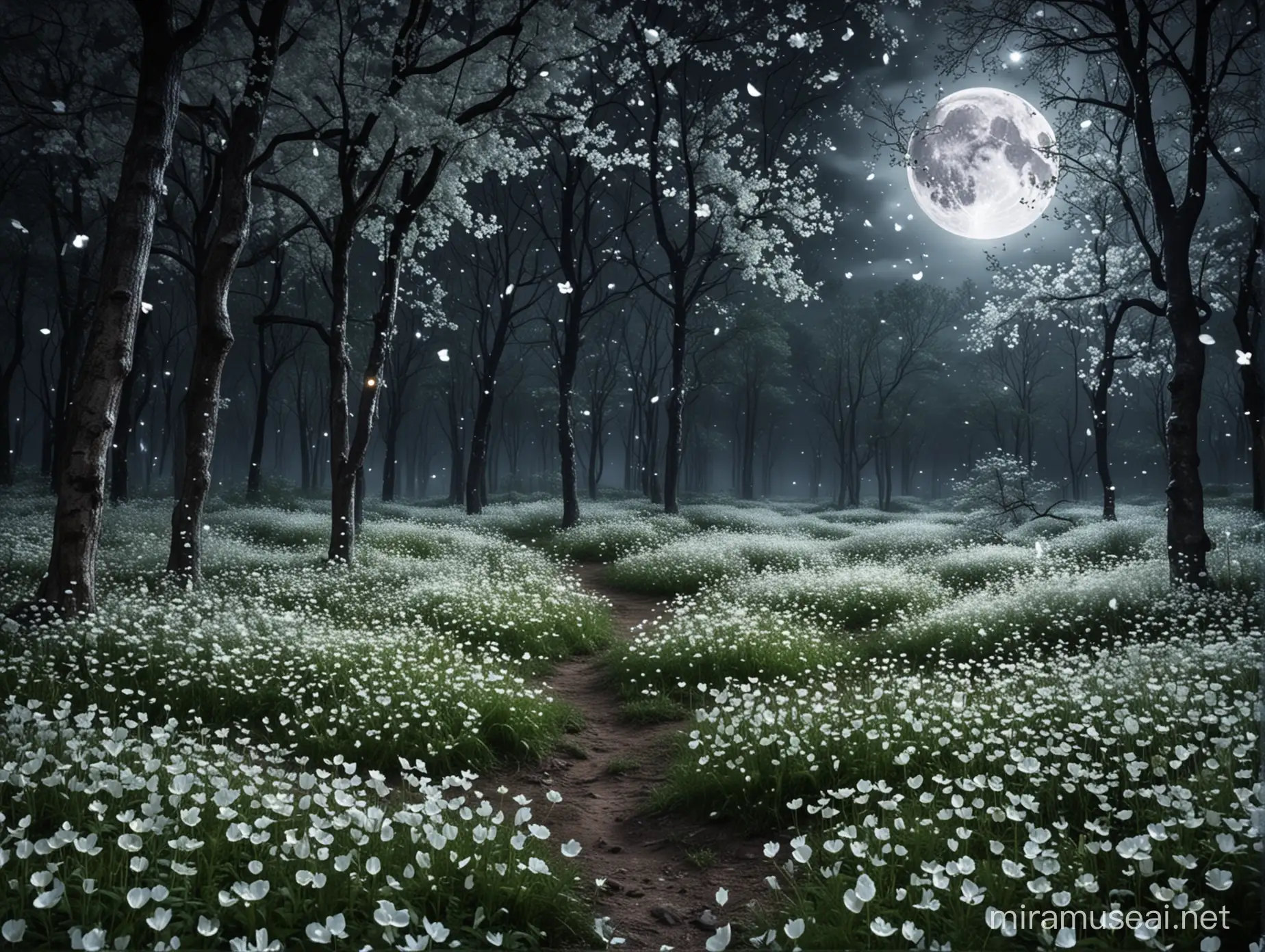 paysage magique forêt pluie de pétales blancs nuit lumineux lune dans le ciel
