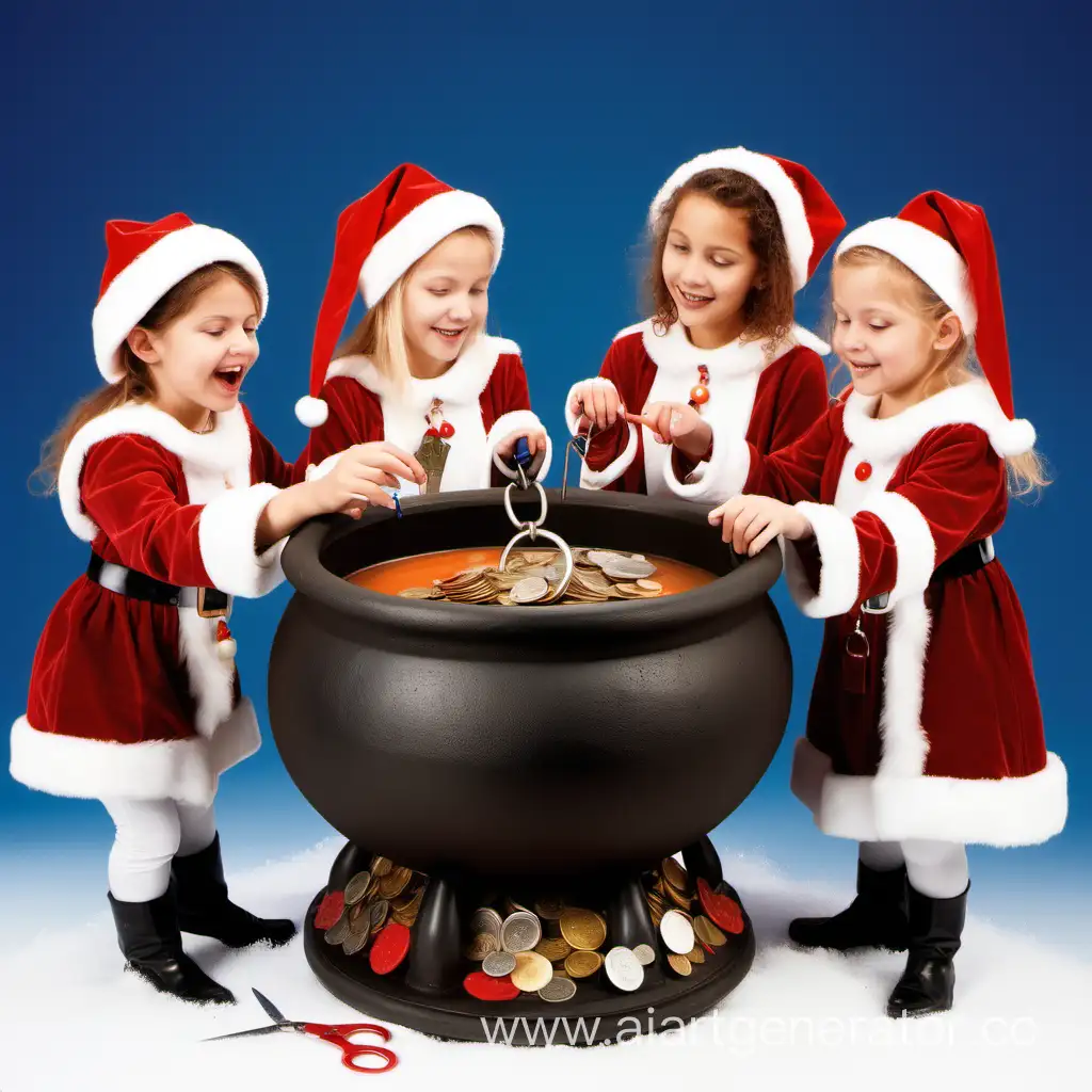 Изобрази 4х девушек,которые гадают на Рождество в Германии с помощью котла супа. Они добавляют в котёл необычные предметы: кольцо, ножницы, ключи, монеты.