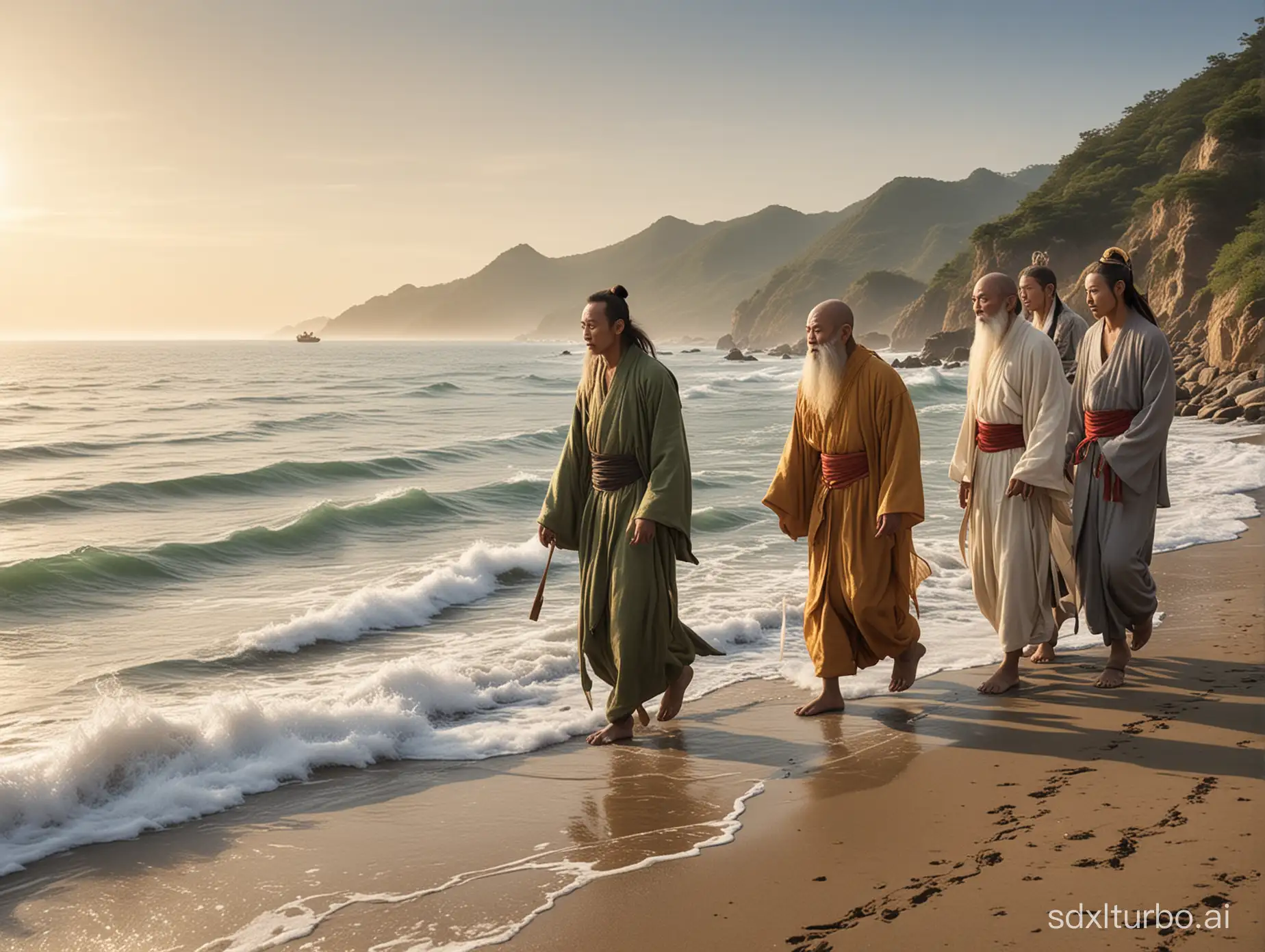 The four disciples of Journey to the West walk by the seaside.