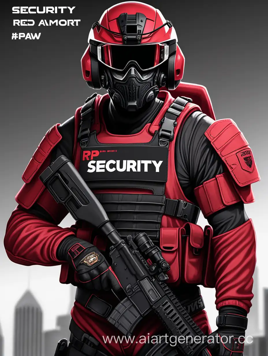 Парень, красная униформа, черный шлем, красные очки, чёрный бронежилет, черный РПС, широкая челюсть. Надпись security. 