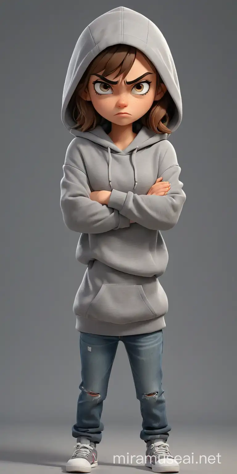 Defiant Cartoon Girl with Crossed Arms in Grey Hoodie and Jeans