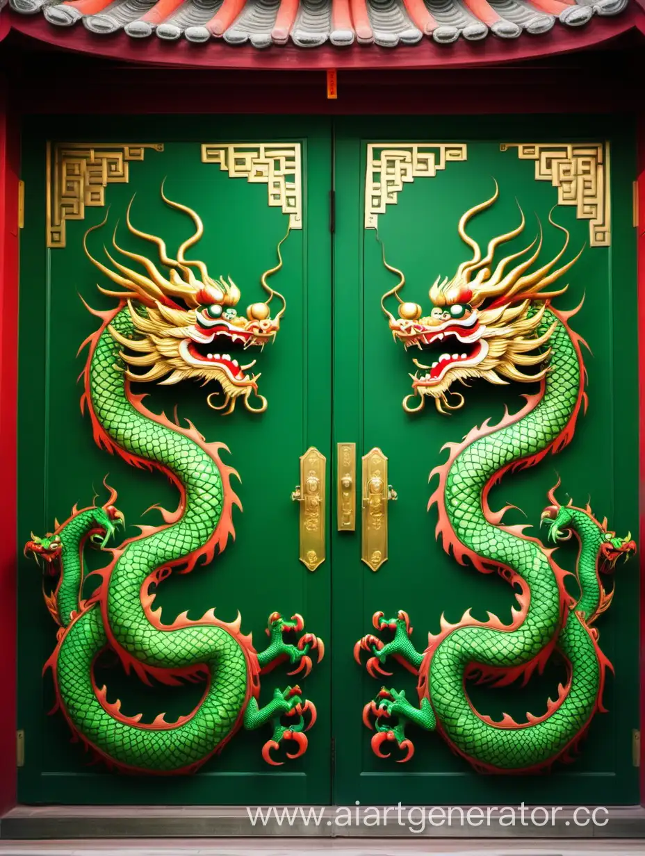 cartoon style, two shen long dragon painted symetrically on green door