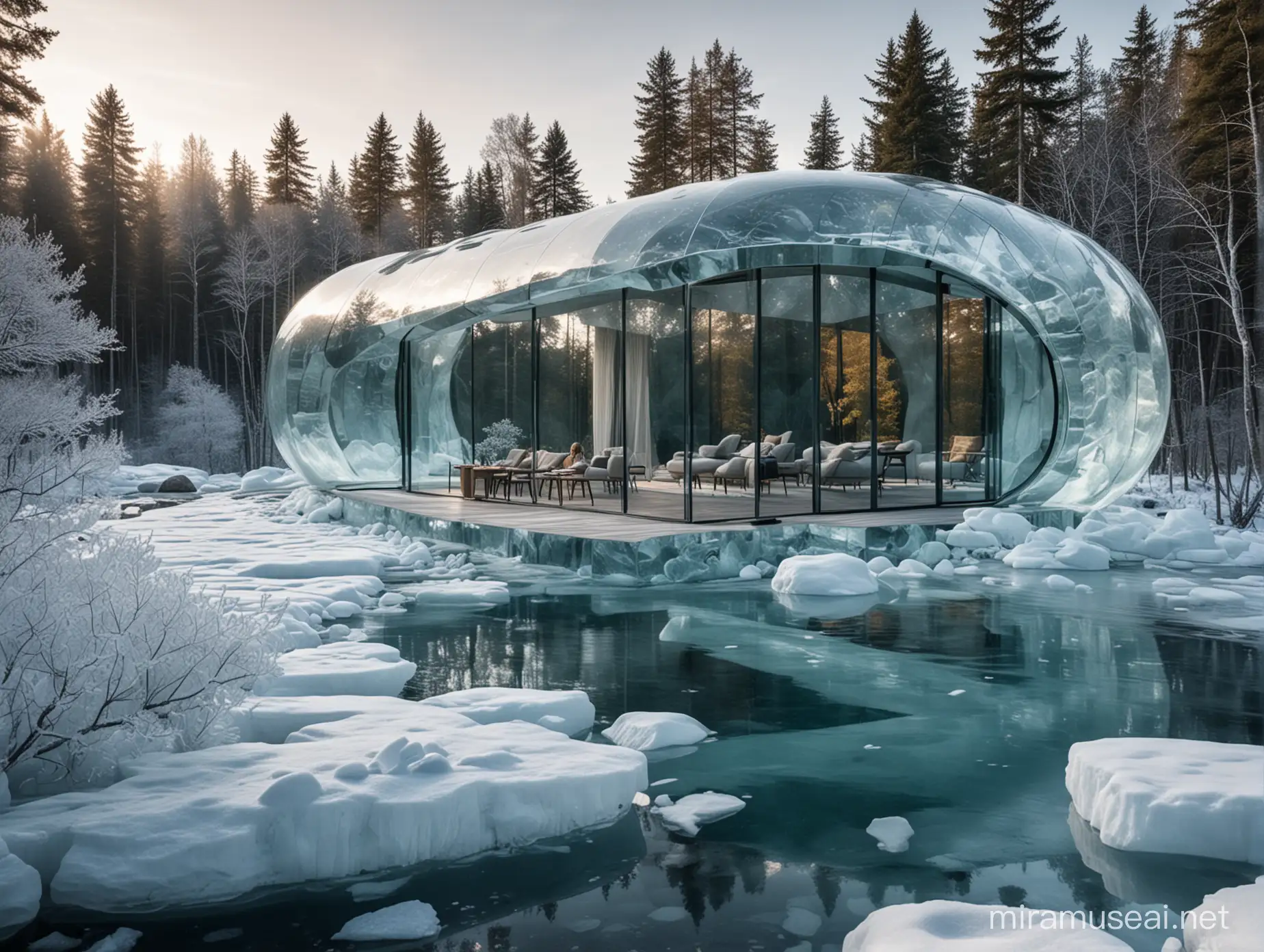 design organic villa made out of glass and ice with peoplw around it surrounded by nature 


