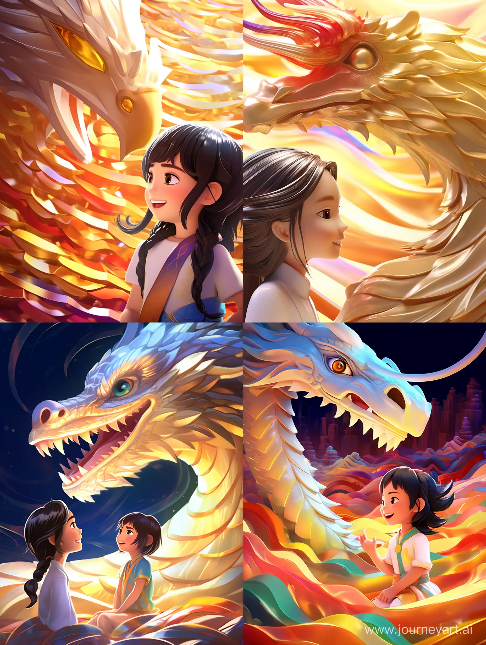 Close-up, a platinum dragon with gold foil scales on its body surrounded by a cute little Chinese girl, 4 years old, smiling sideways and wearing a rainbow-colored gorgeous Hanfu, the girl and the dragon look at each other and look up at the dragon's head, grand scene, minimalism, Chinese dragon, C4D rendering , Surrealism, Masterpiece Cinematic Lighting, Ultra HD, Fine Details, Color Grades