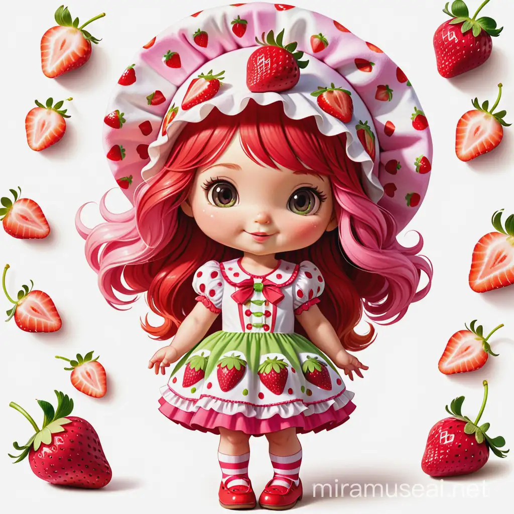Whimsical Cartoon Illustration Girl in Strawberry Shortcake Theme with Long Hair and Bonnet Dress