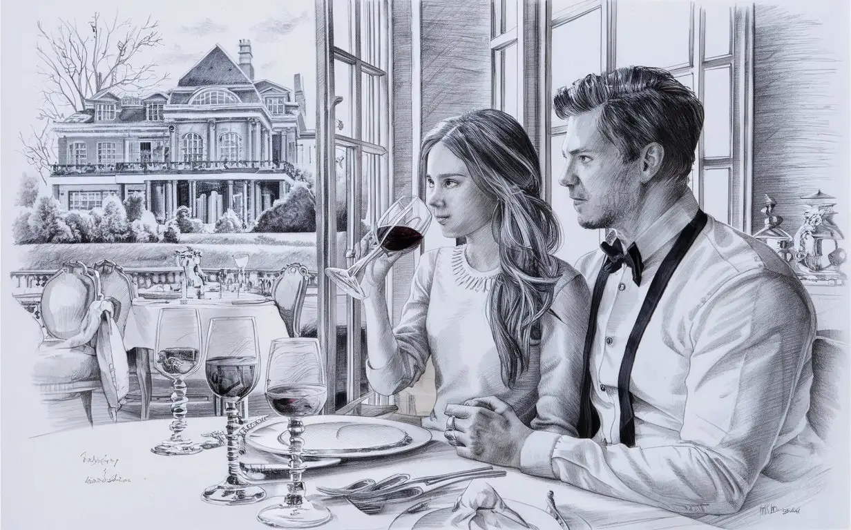 In the coloring book, the pictures will depict the following: a girl sitting next to her boyfriend in a luxurious restaurant, holding a glass of wine of a large house   the same house in the back, thin lines, high detail, drawn in pencil.