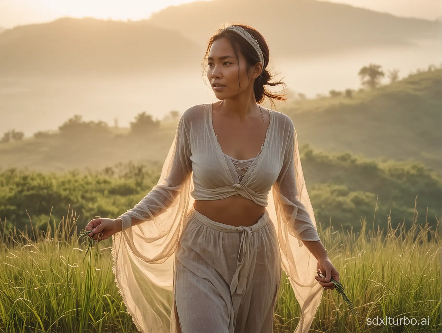 40 years old filipina lady cutting high grass on hilltop in morning mist. Sunrise, sun rays. Wearing cropped open front loincloth shirt. Revealing. Profusely sweating. Headband. Medieval time. Film grain, soft lighting. Bokeh. Thick Legs revealed. Freckles skin. Small flat breasts. Hair tied. Contour of mountains in background. Full body from side
