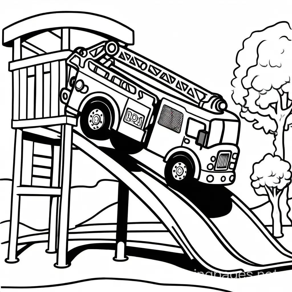 firetruck going down a slide at the playground, Coloring Page, black and white, line art, white background, Simplicity, Ample White Space. The background of the coloring page is plain white to make it easy for young children to color within the lines. The outlines of all the subjects are easy to distinguish, making it simple for kids to color without too much difficulty