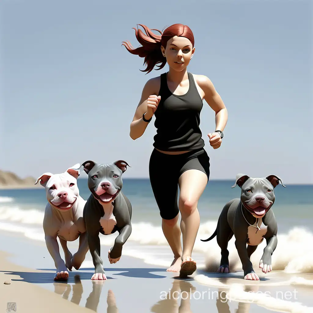 Young-Woman-Jogging-on-Beach-with-Two-Blue-Nose-Pit-Bull-Puppies-Coloring-Page