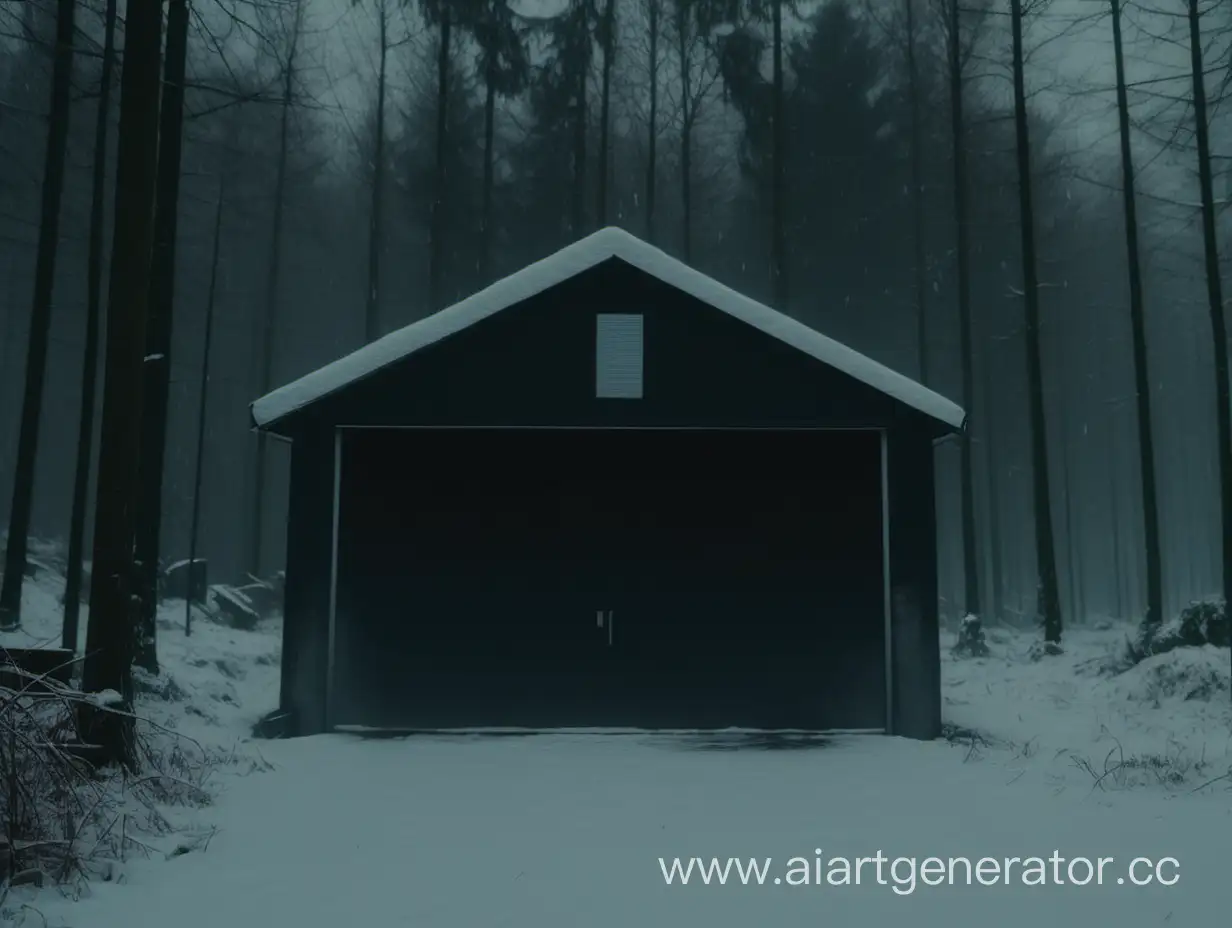 Чёрный гараж образец конца 90-х в лесу зимним снежным пасмурным днём 8к 