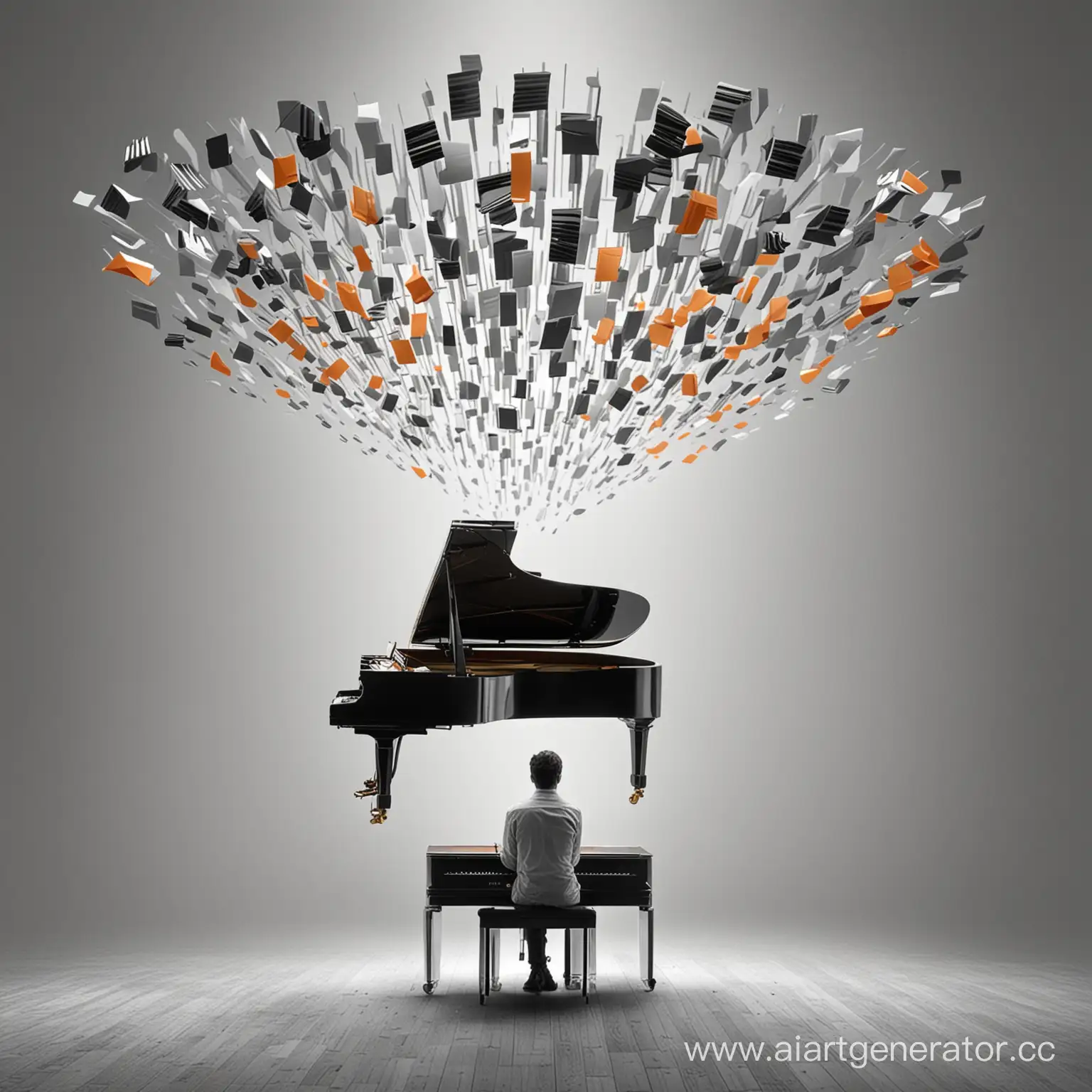Человек в центре картинки думает и вокруг его головы летает фортепиано, рояль. Картинка в серых и оранжевых тонах