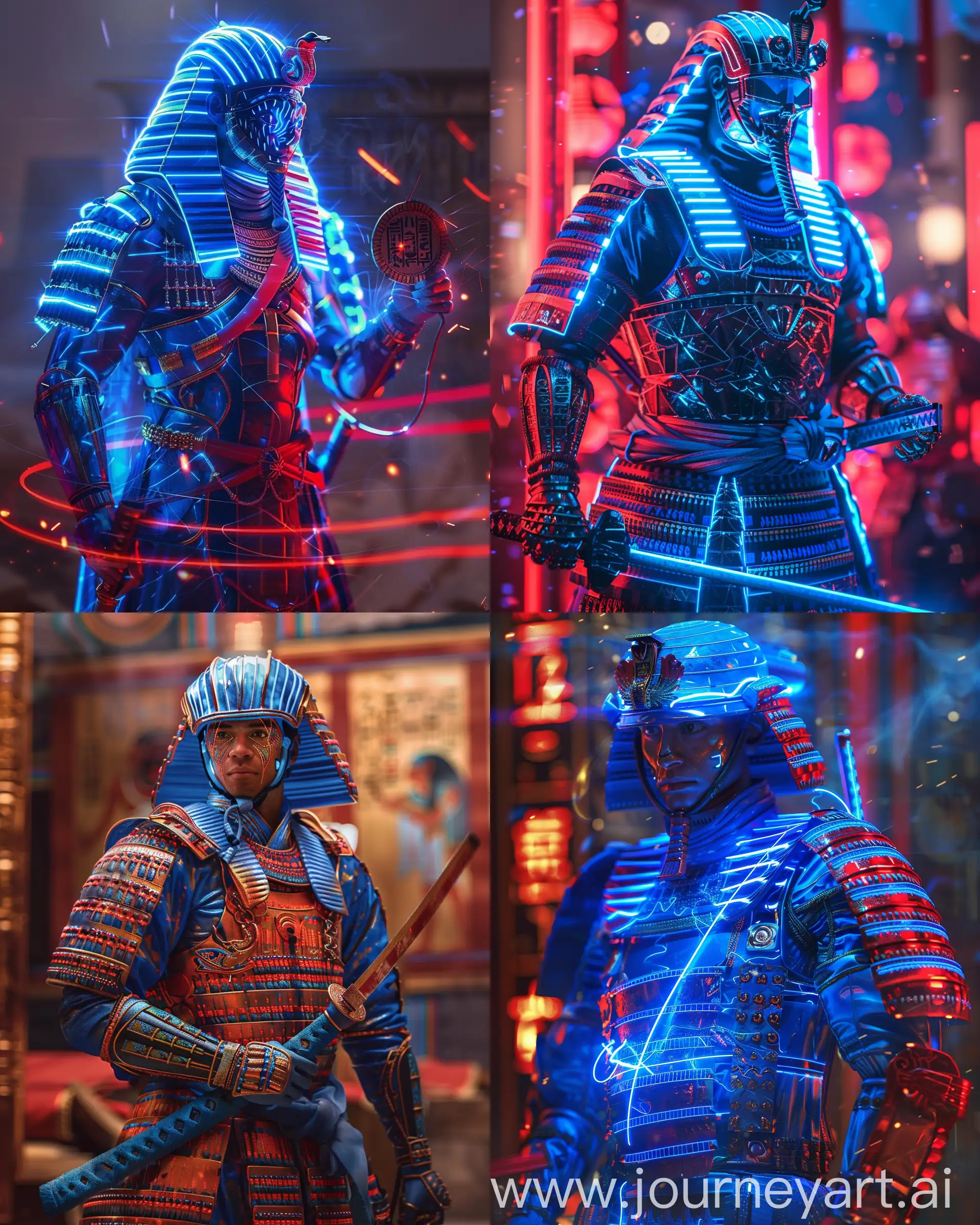 there is a ancient Egyptian man in a blue neon samurai suit holding a sowrd ,Depth of field, powerful male samurai, inspired by Kanō Hōgai, samurai style, dressed in samurai armour, high-tech red armor, wearing techwear and armor, segmented armor and sashimono, very beautiful cyberpunk ancient Egyptian samurai, chinese armor, man in red armor, japanese warrior, wearing japanese techwear --v 6.0 --ar 4:5