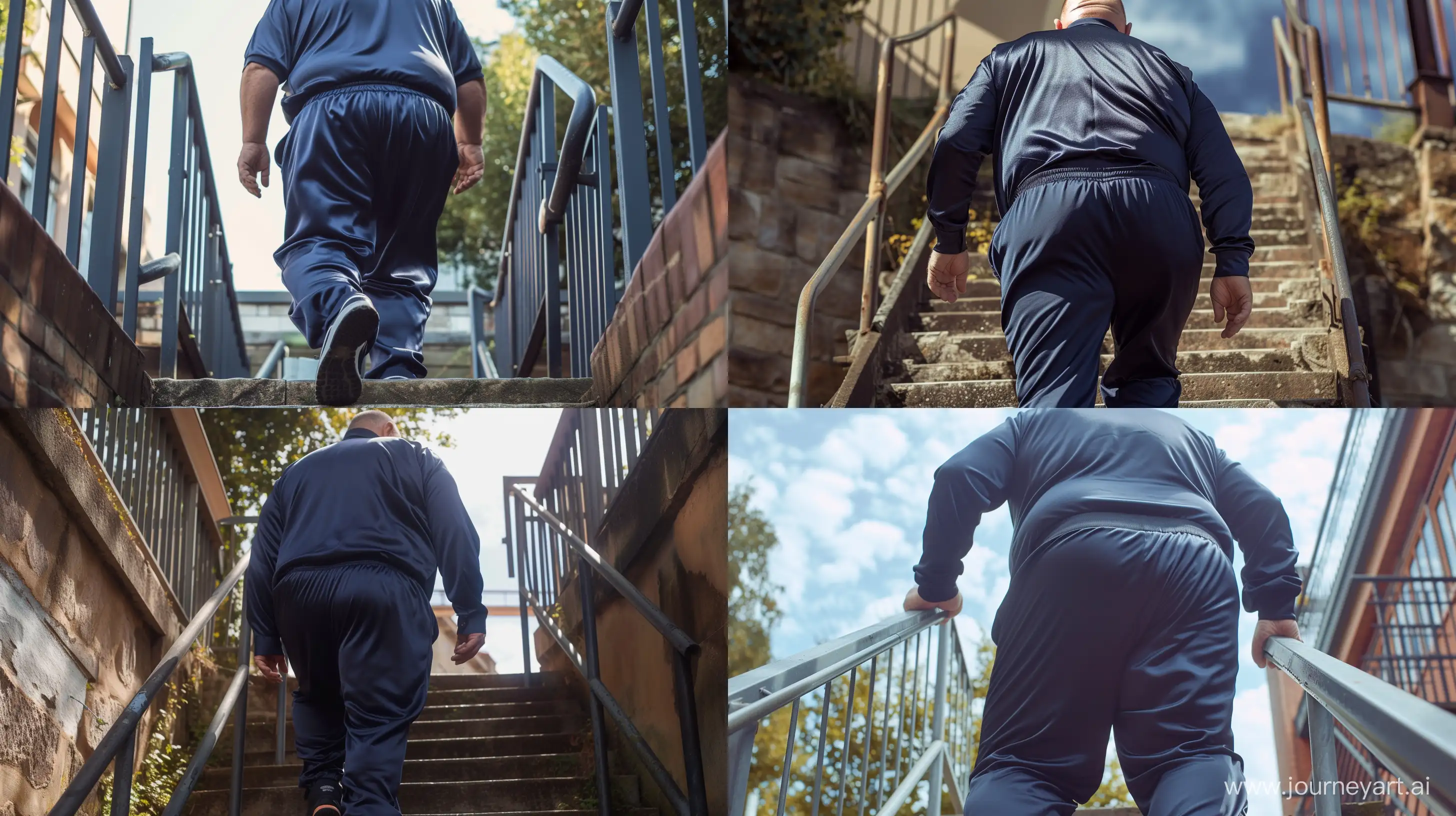 Back view low-angle short photo of a fat man aged 60 wearing a silk navy tracksuit pants and a tucked in sport silk polo shirt. Climbing stairs. Outside. --style raw --ar 16:9
