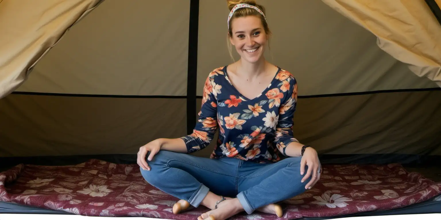 Smiling Woman in Blue Jeans Squatting in Tent with Bohemian Style