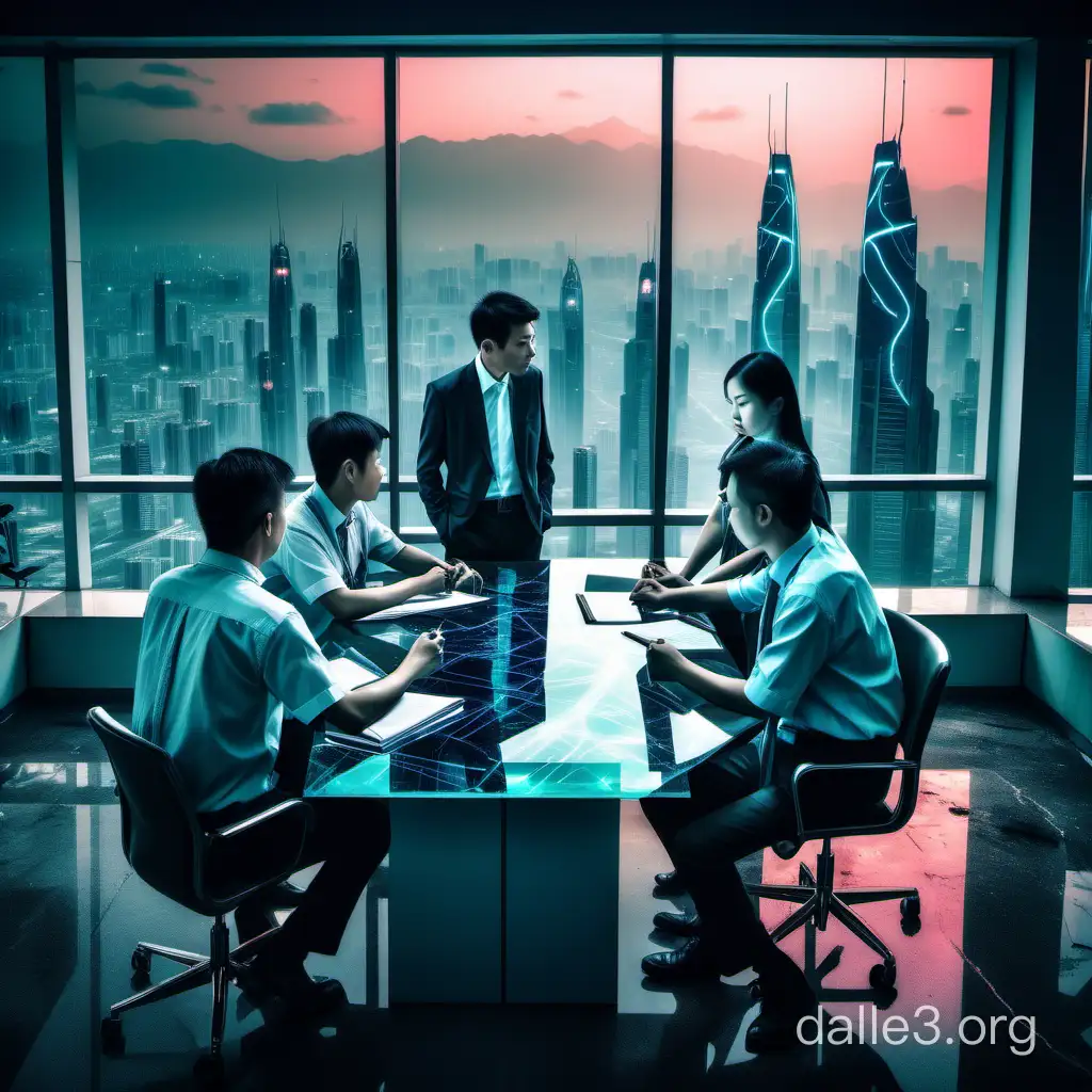 neon drenched futurism slim vertical rectangular photograph of a group of people negotiating for long hours some tired in a meeting room with a dramatic view of an asian city. some of them are wearing short sleeved shirts. male and female