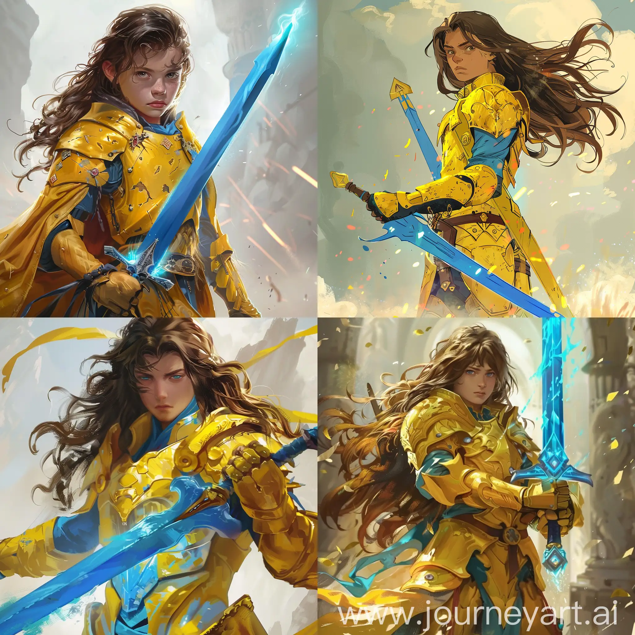 A boy with a blue sword and yellow armor with long brown hair