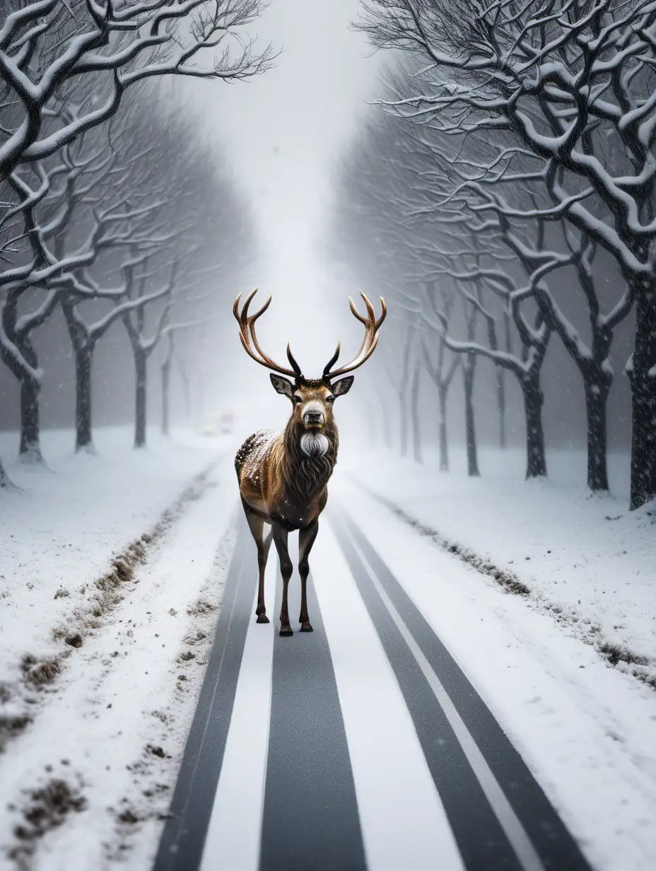 Snowy weather,  a stag in Snowy road. Realist