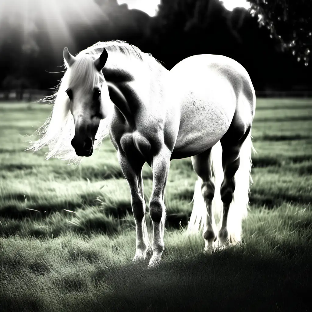 Beautiful white horse grazing in backlight, very green grass, black and white photo, artistic photography