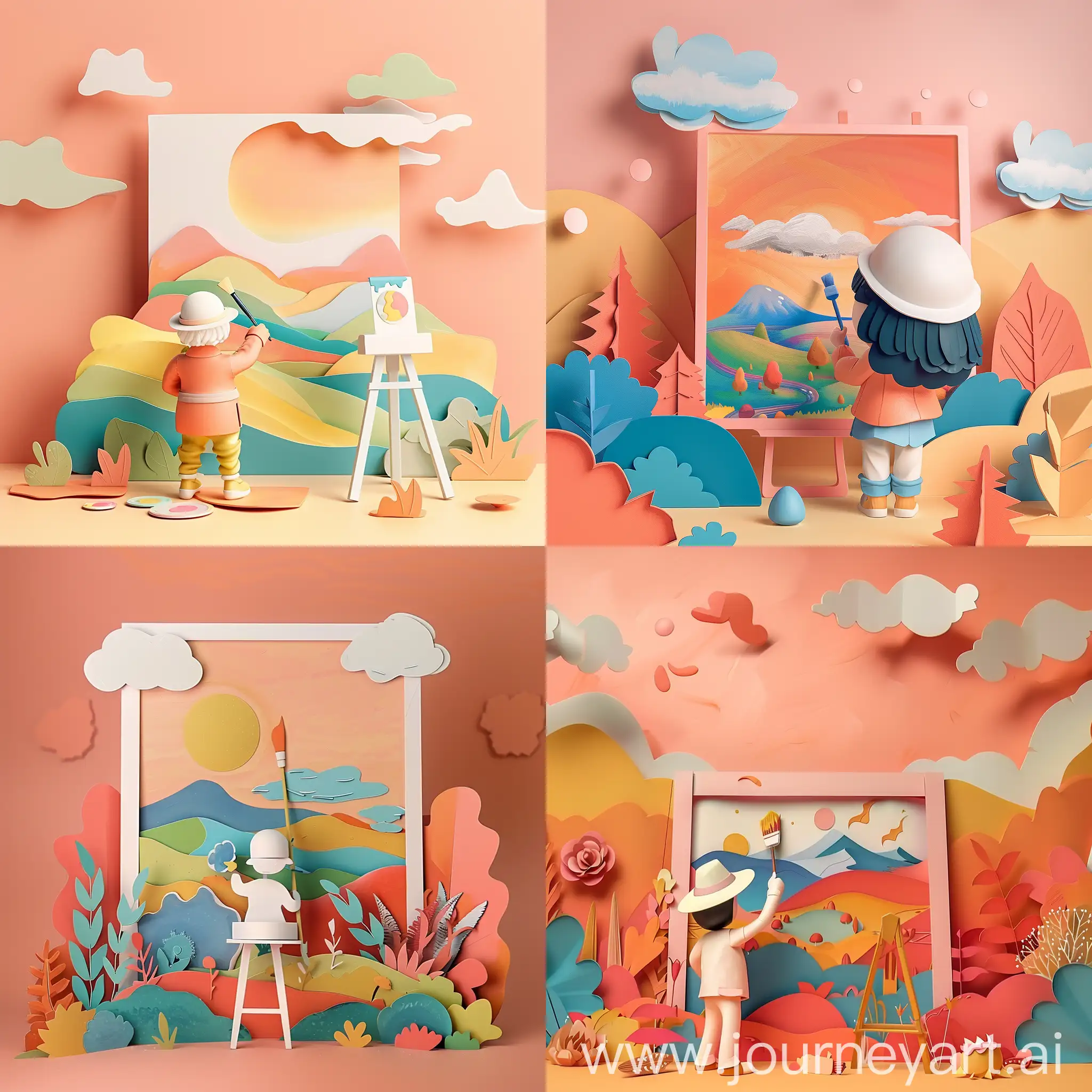 Create 3D paper layered art featuring a cartoon style artist painting a colorful landscape, under a peachy sky