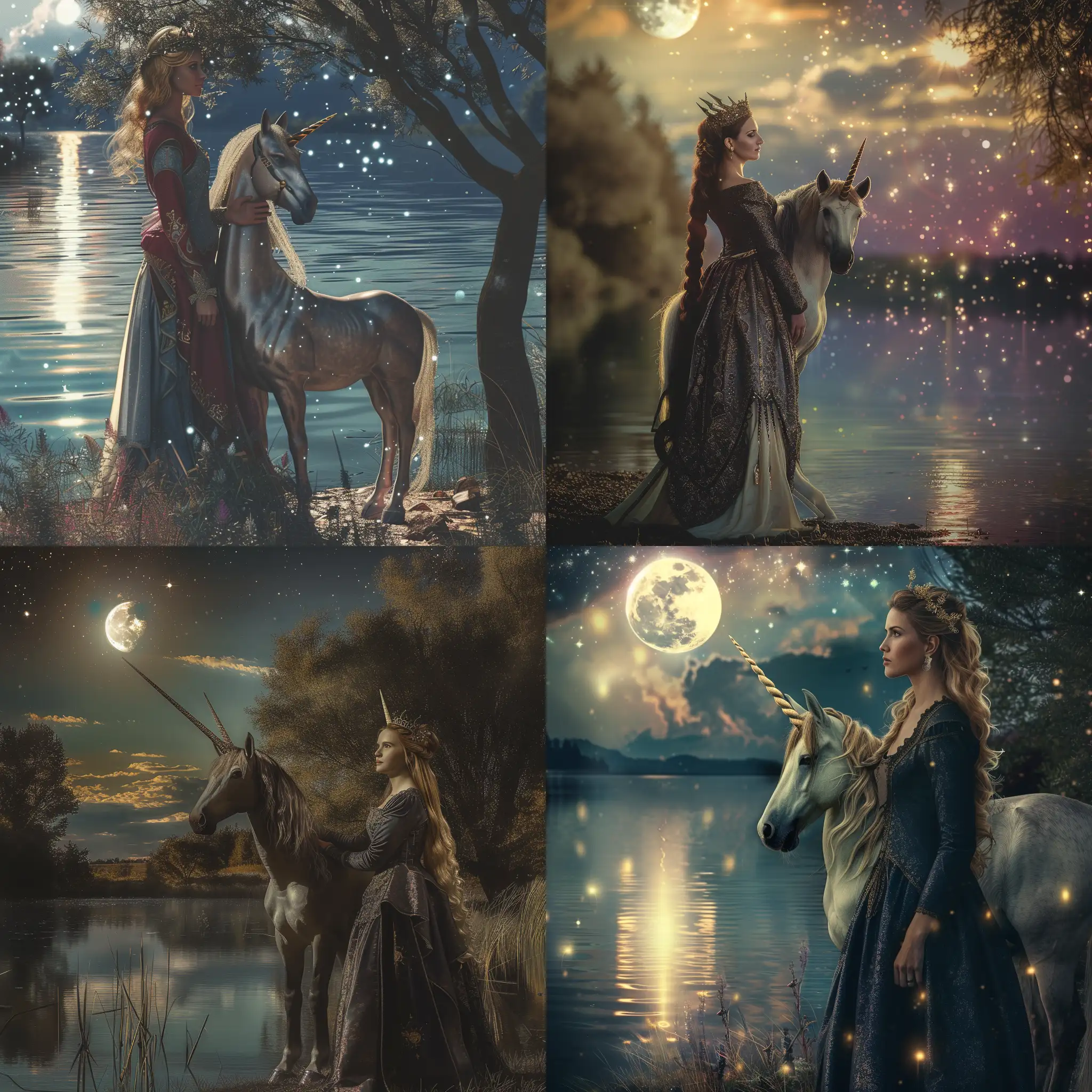 A beautiful medieval woman with a unicorn standing next to a magical lake that is reflecting the light of the moon and stars. Beautiful magical mysterious etheral, fantasy mysterious, highly detailed
