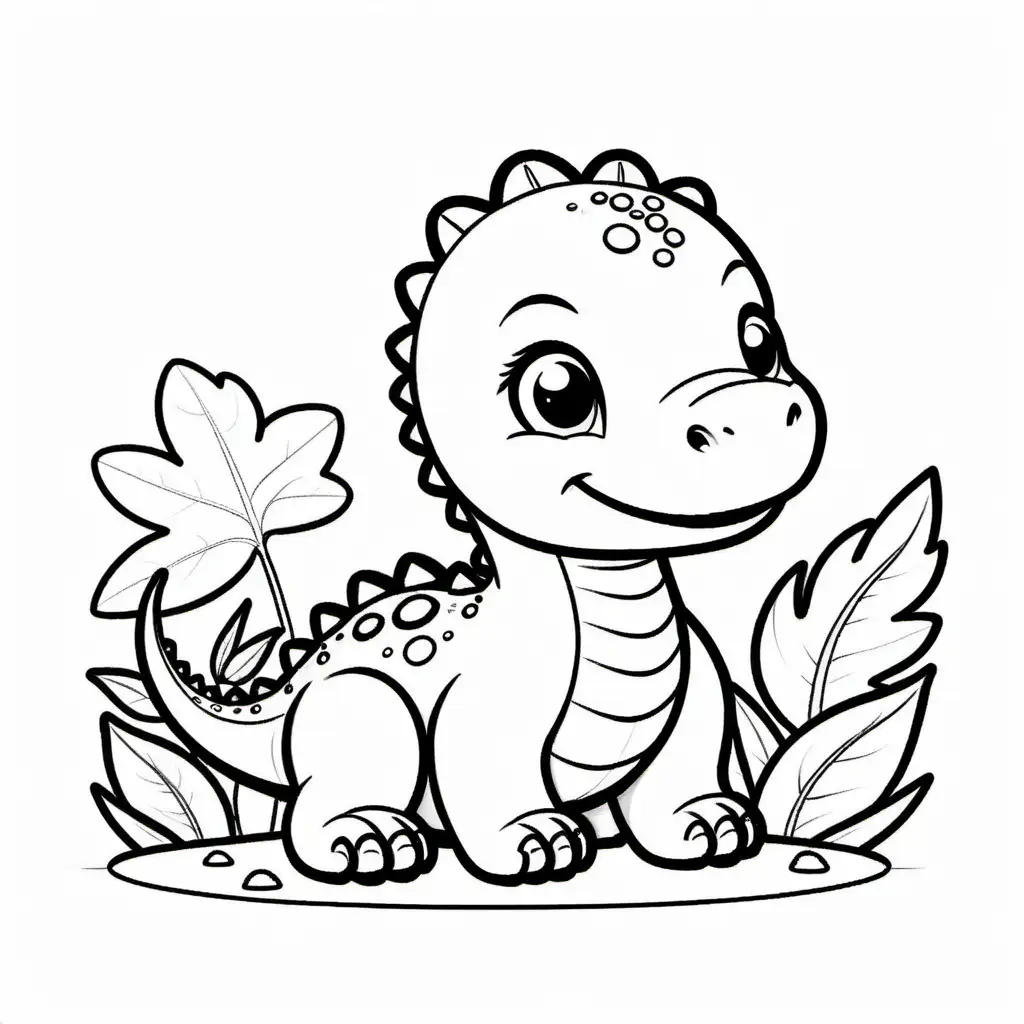 Baby dinosaur, Coloring Page, black and white, line art, white background, Simplicity, Ample White Space. The background of the coloring page is plain white to make it easy for young children to color within the lines. The outlines of all the subjects are easy to distinguish, making it simple for kids to color without too much difficulty