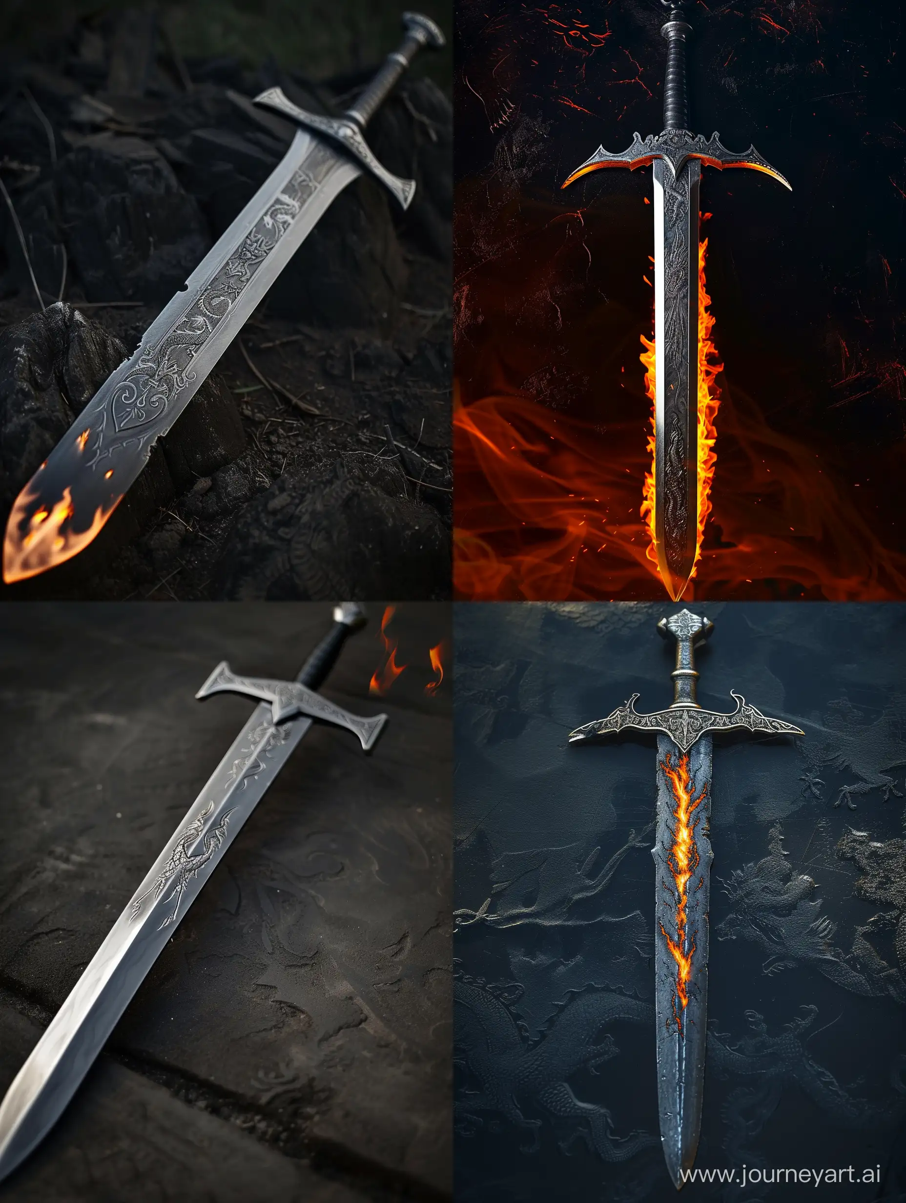 Legendary weapon, a two-handed sword made of black steel, the blade is ablaze with fire, a dragon engraving on the guard