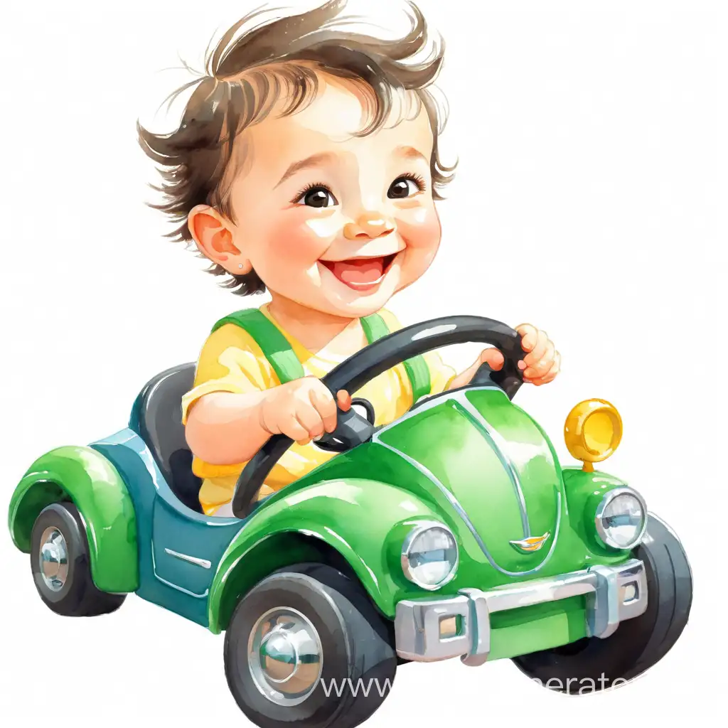 Cheerful-Cartoon-Baby-Riding-in-Vintage-Toy-Car-Watercolor-Illustration