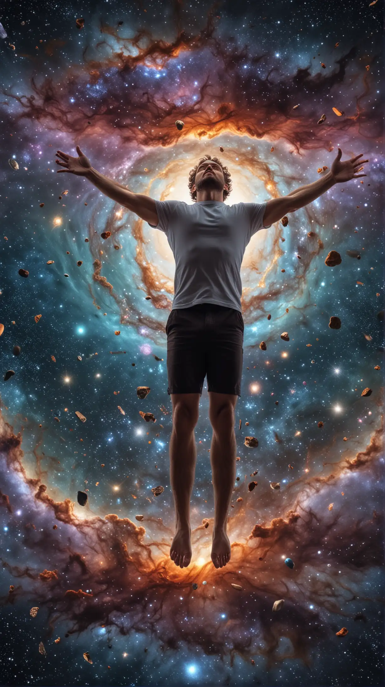 Man Achieving Wellness Floating in Expansive Universe 4K HDR Image