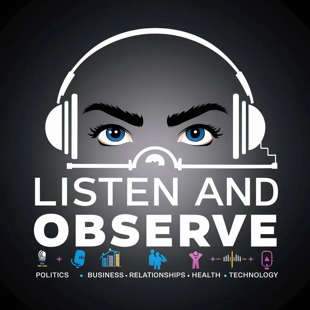 create a podcast logo for a show called Listen and Observe. The show will be a discussion based program about different topics in life including politics, business, relationships, health, technology