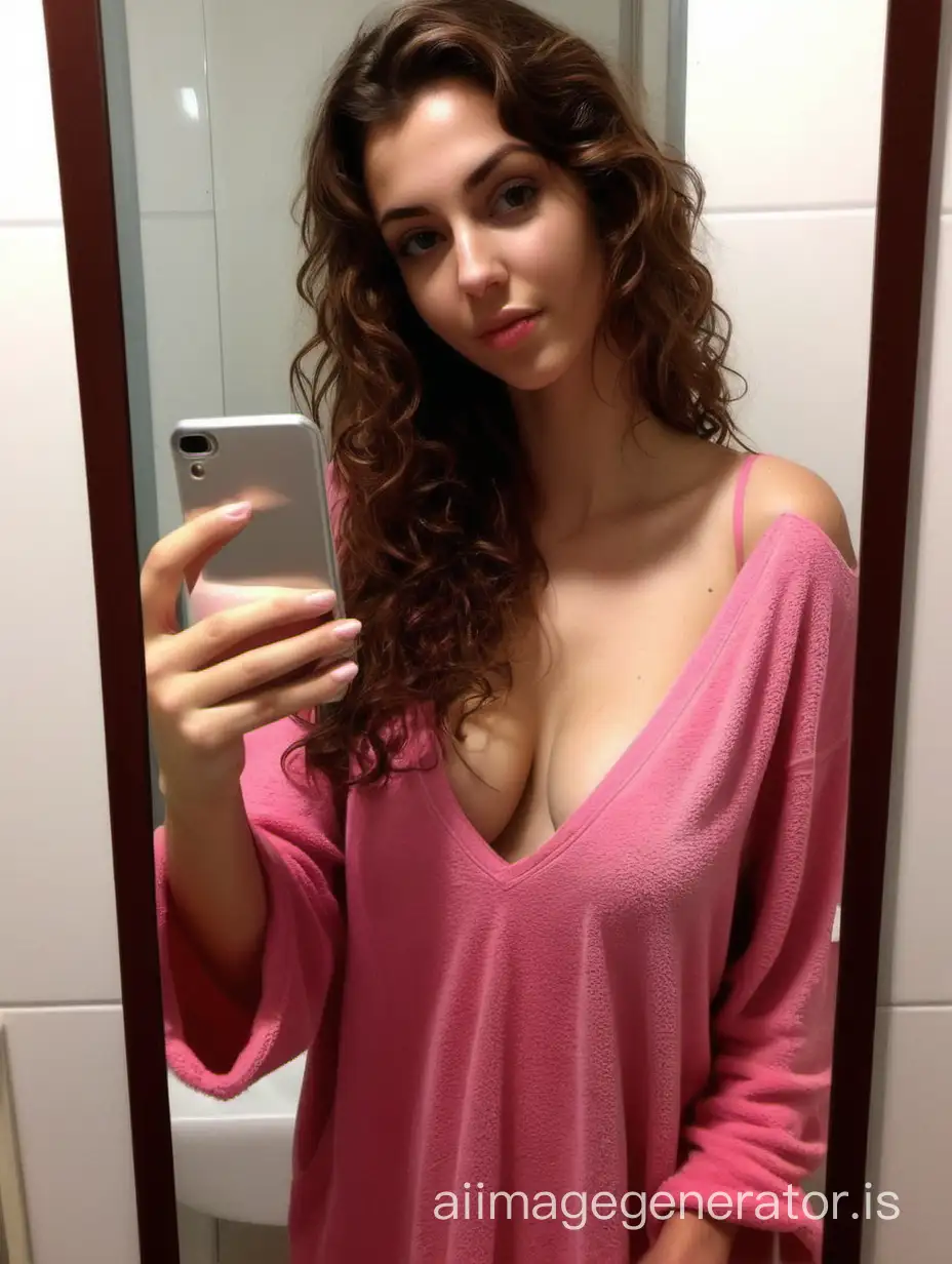 Hot mirror selfie of Michela an Italian prosperous girl just came back home from college with brown wavy hair relaxing in her bathroom after shower dressing pink v neck