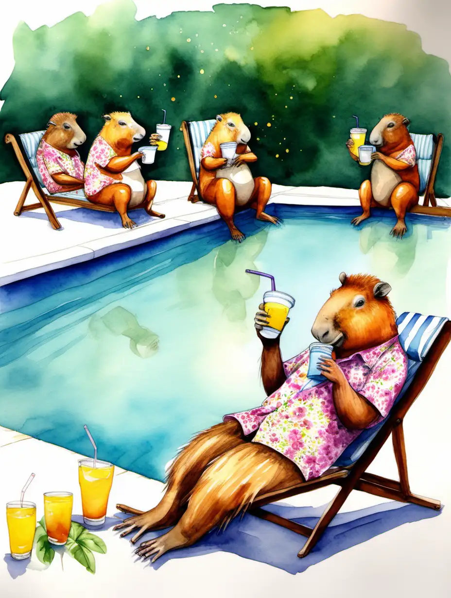 Water colour painting of an anthropomorphic capybaras sipping juice next to a pool. Capybaras are wearing flowery shirts and relaxing on loungers. Reduce the number of juice cups. 