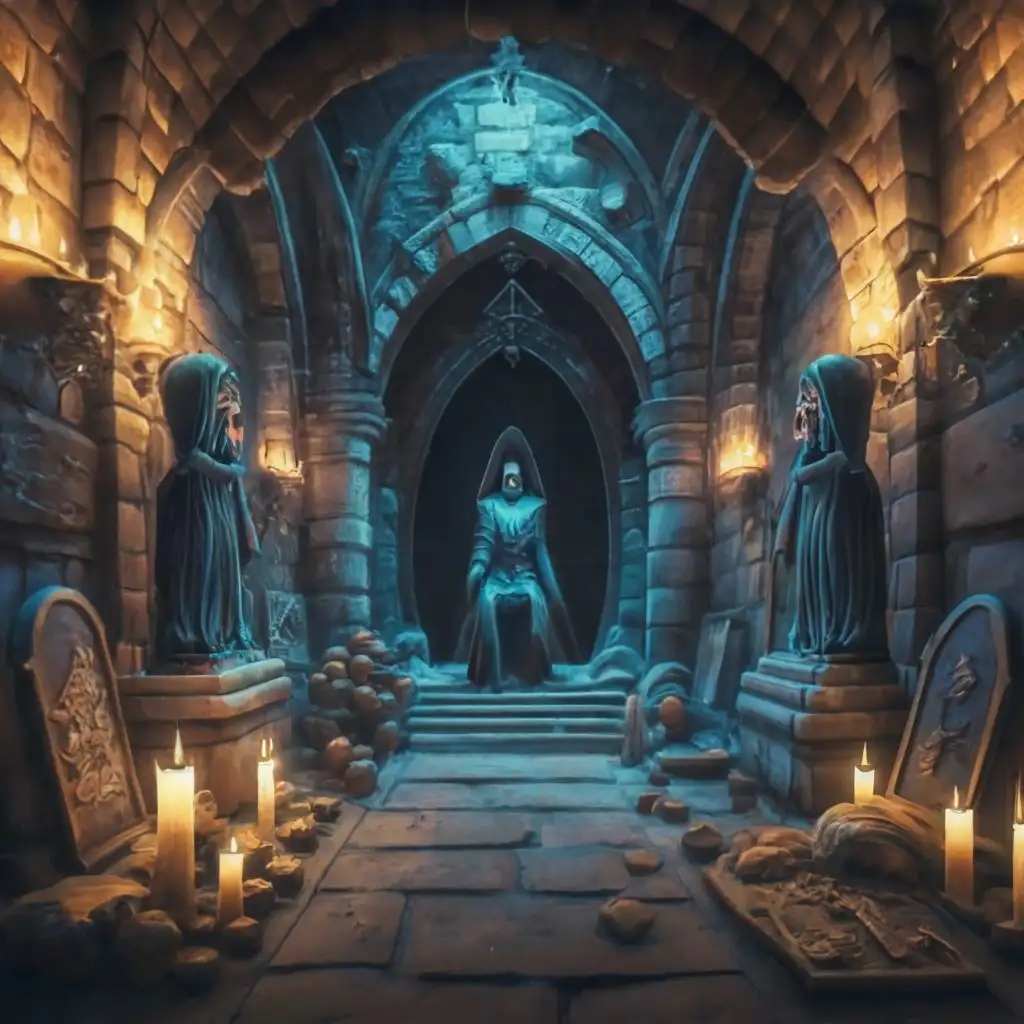 dark colored, dark underground crypt with stone walls and tombs and candlelight, statues of grim reaper, with the full text "Kayvan's Krypt"