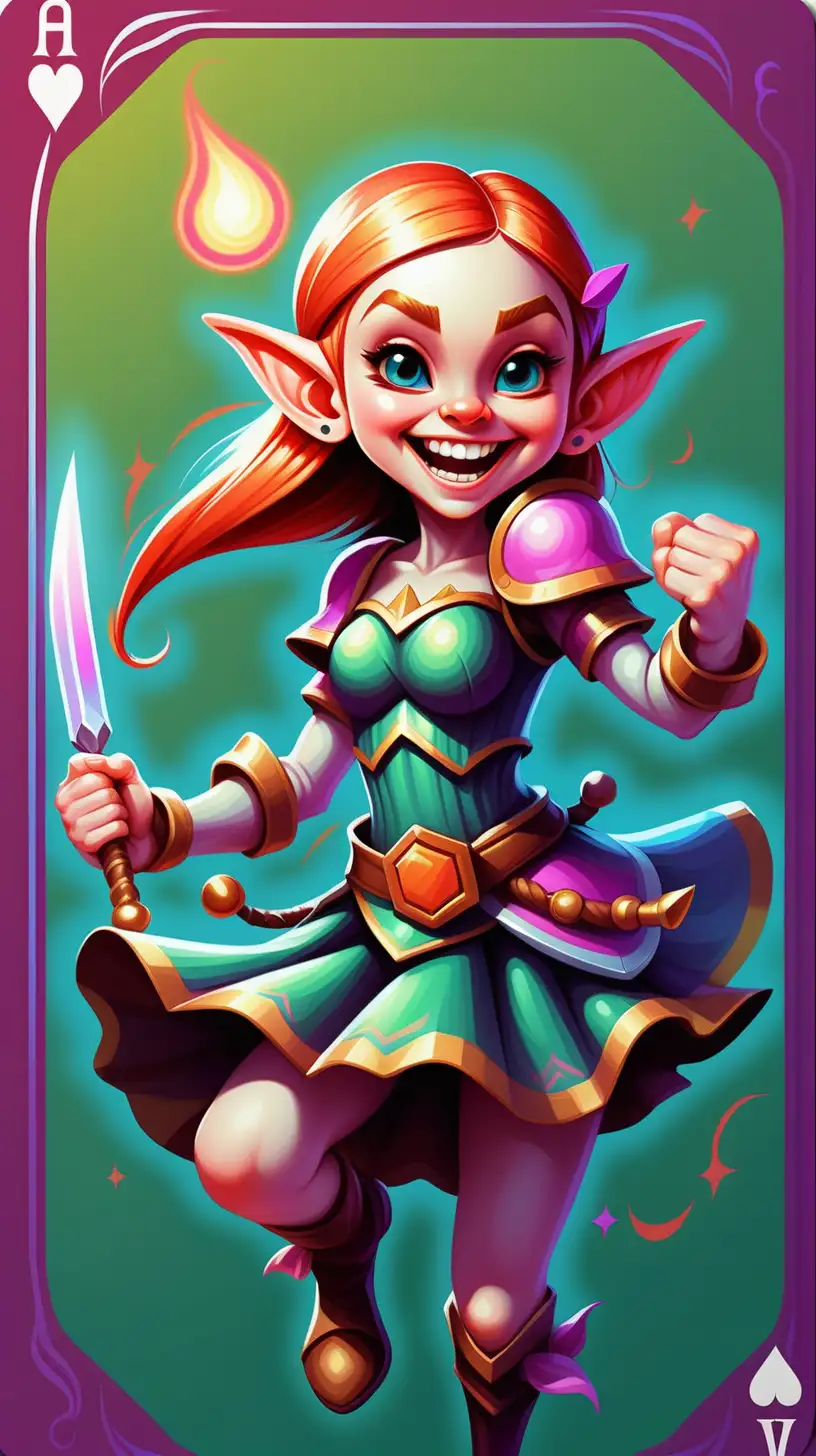 Smiling Dwarf Elf in Vibrant Magical Combat Psychedelic Pop Art Card Design