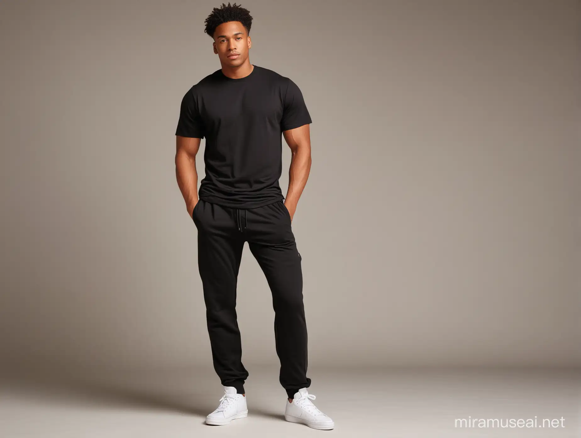 Fashionable Black Man in Casual Black Tshirt and Sweatpants