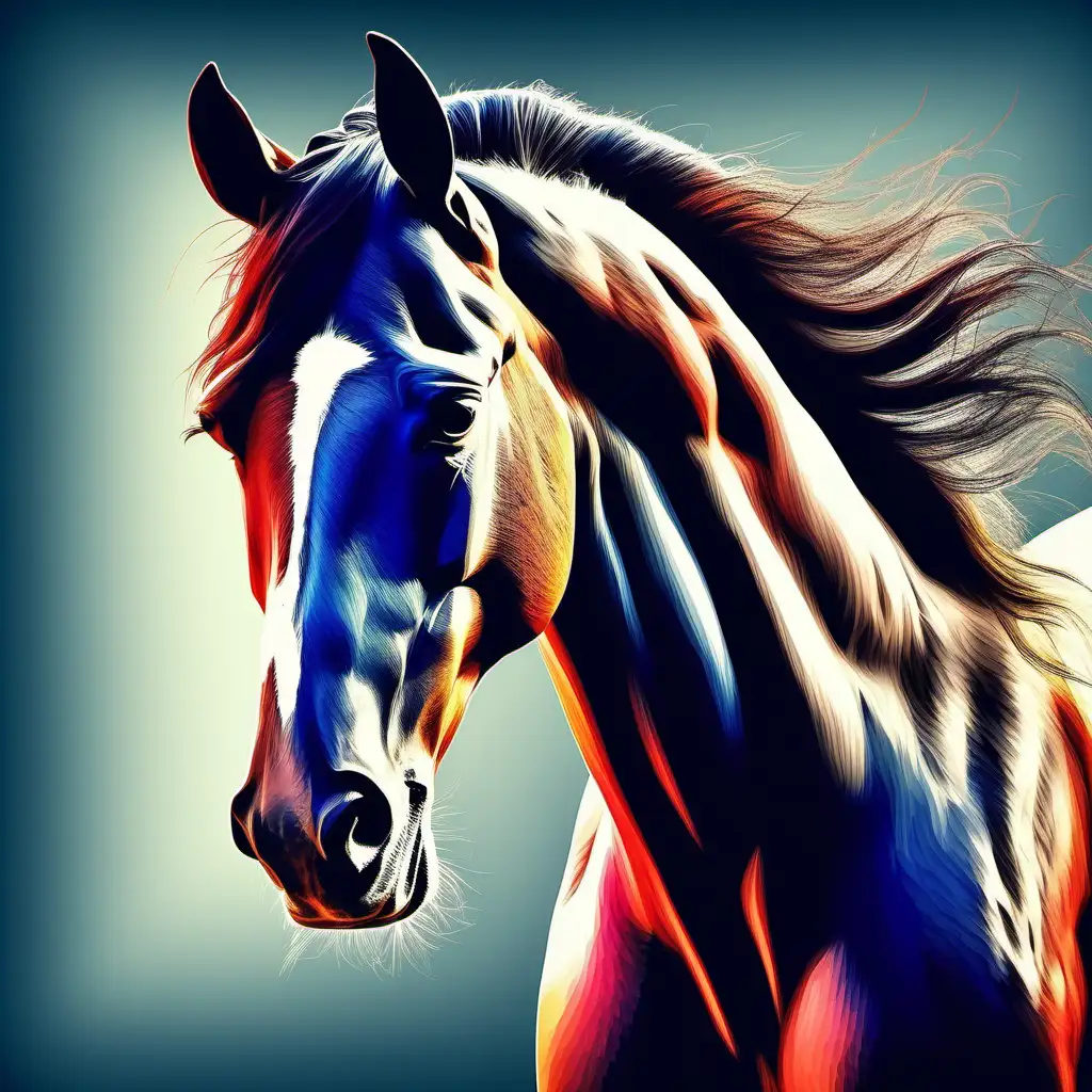 Design an expressive portrait of a beautiful horse, in a close-up study, coloristic colors, dynamic, spontaneous