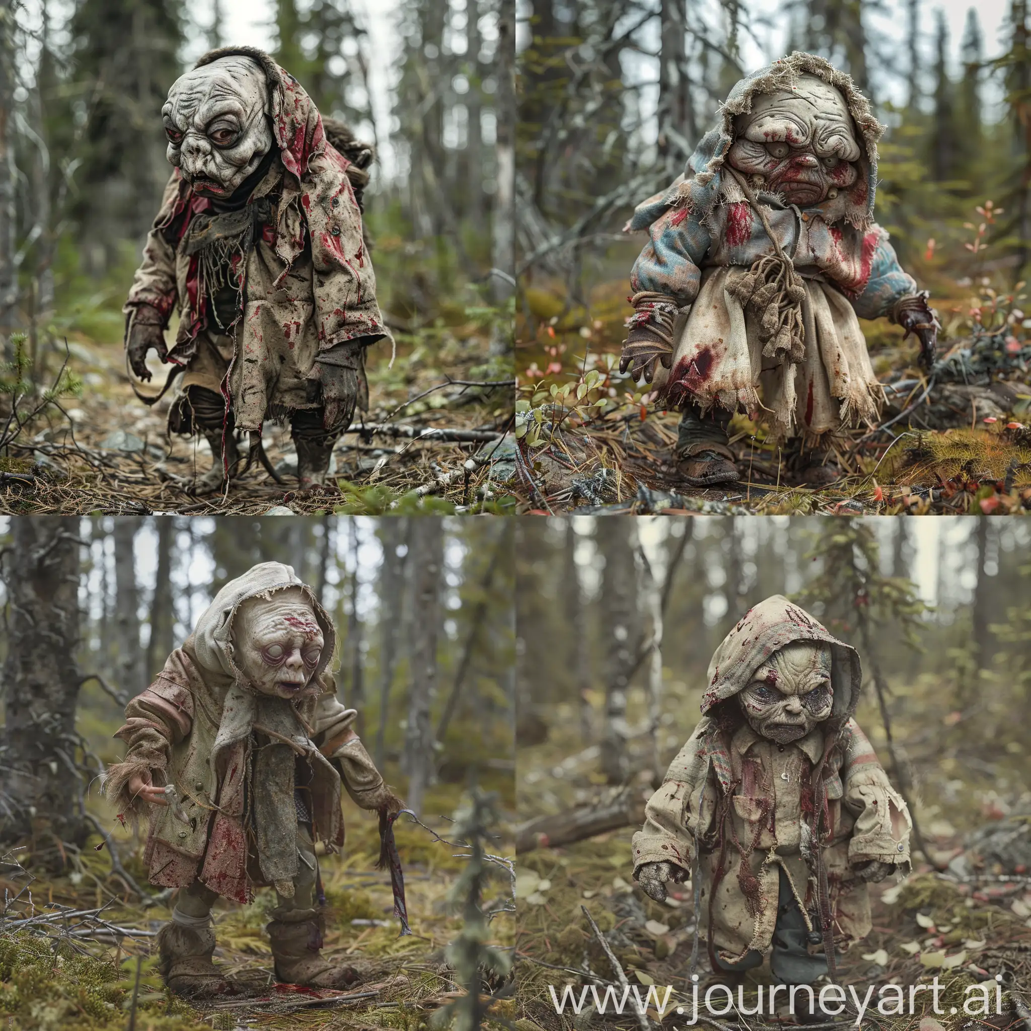 A terrifying small hunchbacked creature with a pale and deformed face, eyeless and beastly, wearing Eskimo clothes in a forest in the Arctic tundra. The clothing is old and stained with blood. It is 4 o'clock in the afternoon. full shot, full bory  –ar 3:4
