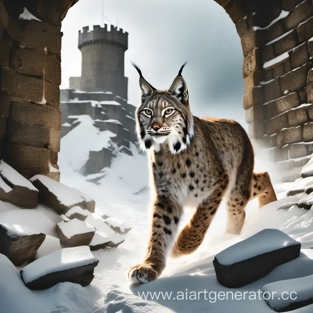 Рысь бежит в снегу среди развалин крепости