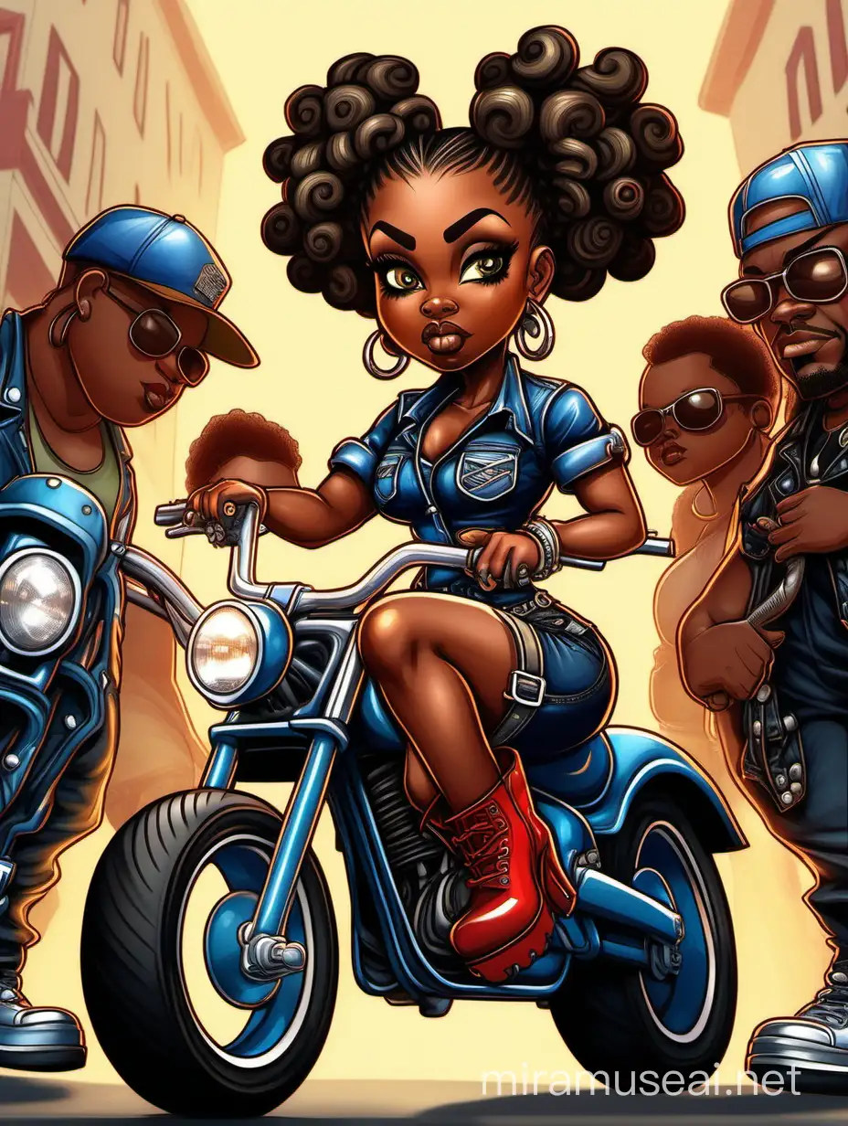 create a expressive oil painting style art illustration of the chibi cartoon character, a voluptuous black female in a blue jean outfit with biker boots. Her prominent makeup and hazel eyes, along with her detailed red bantu knots, are featured in this image, set against the background of a lively bike show.