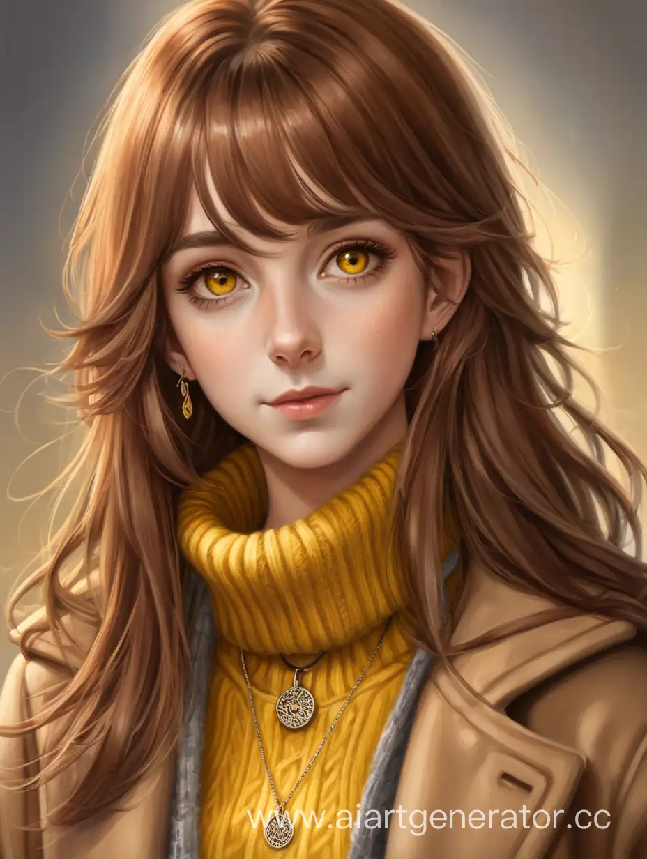 Красивая, взрослая Девушка с длинной косой. Волосы каштановые. Носит светло-коричневое пальто и жёлтый свитер. Глаза коричневые. На шее амулет