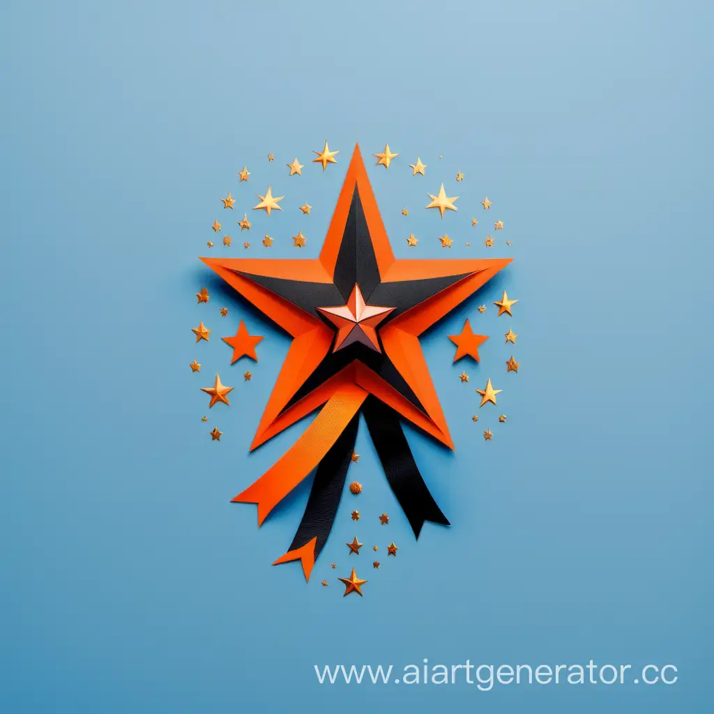 Поздравительная открытка ко Дню защитника отечества, минимализм, фон синий, добавь георгиевскую ленту цвета оранжевый и черный, цвет звезды золотой