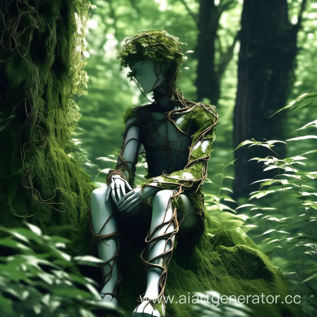 Сидящий в лесу у камня манекен, заросший лианами, в лесу, стиль аниме, манекен видно по пояс
