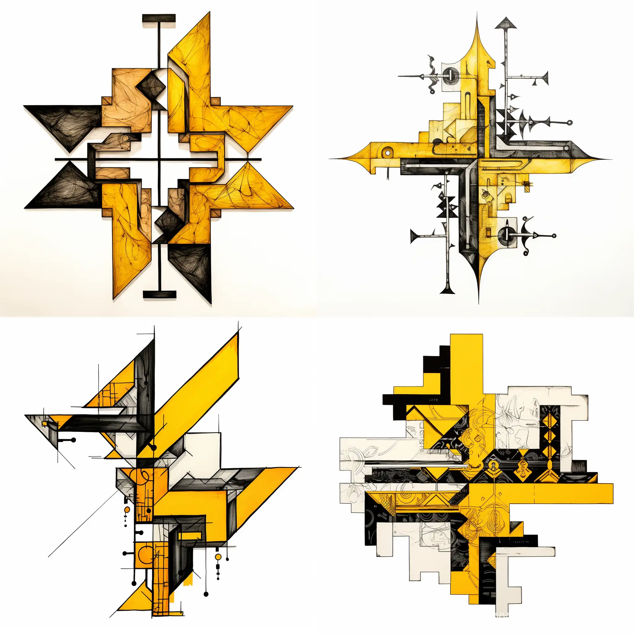 Abstract-Puzzle-Art-with-Upward-Arrow-in-Black-and-Yellow-on-White-Background