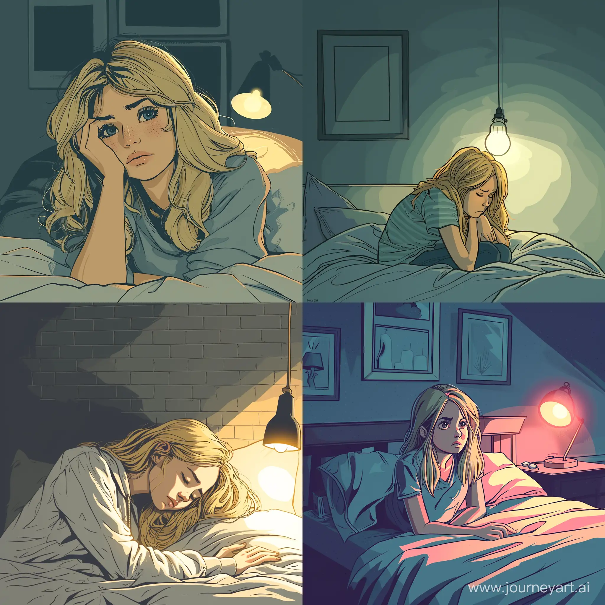 Fatigued-BlondHaired-Girl-Rests-in-Dimly-Lit-Room-Modern-American-Comic-Style