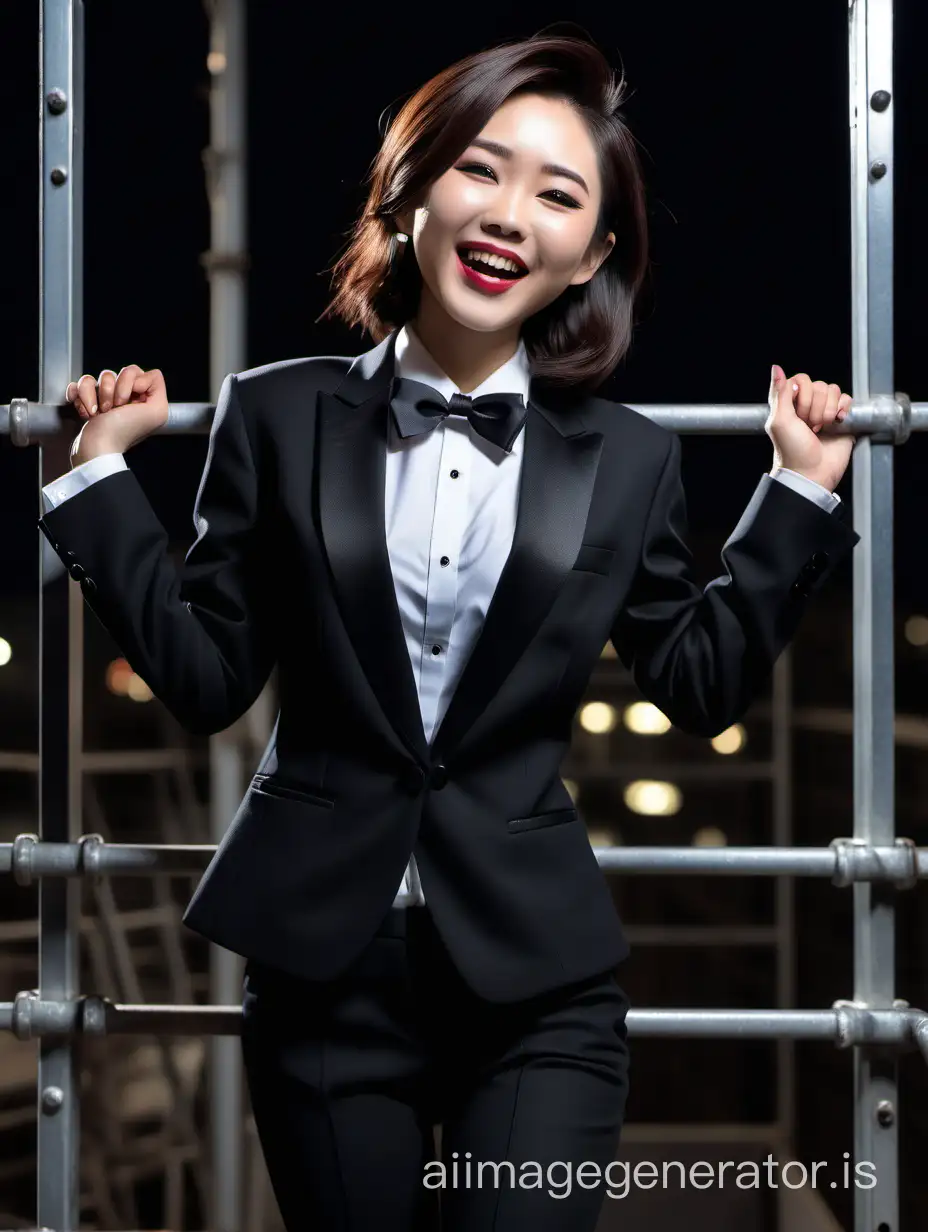 A stunning and cute and sophisticated and confident japanese woman with shoulder length hair and  lipstick wearing a black tuxedo with a black jacket.   Her shirt is white with black cufflinks and a (black bow tie) and (black pants), standing on a scaffold facing forward, laughing and smiling.  Her shirt cuffs are showing.  The cuffs have cufflinks.  It is night.