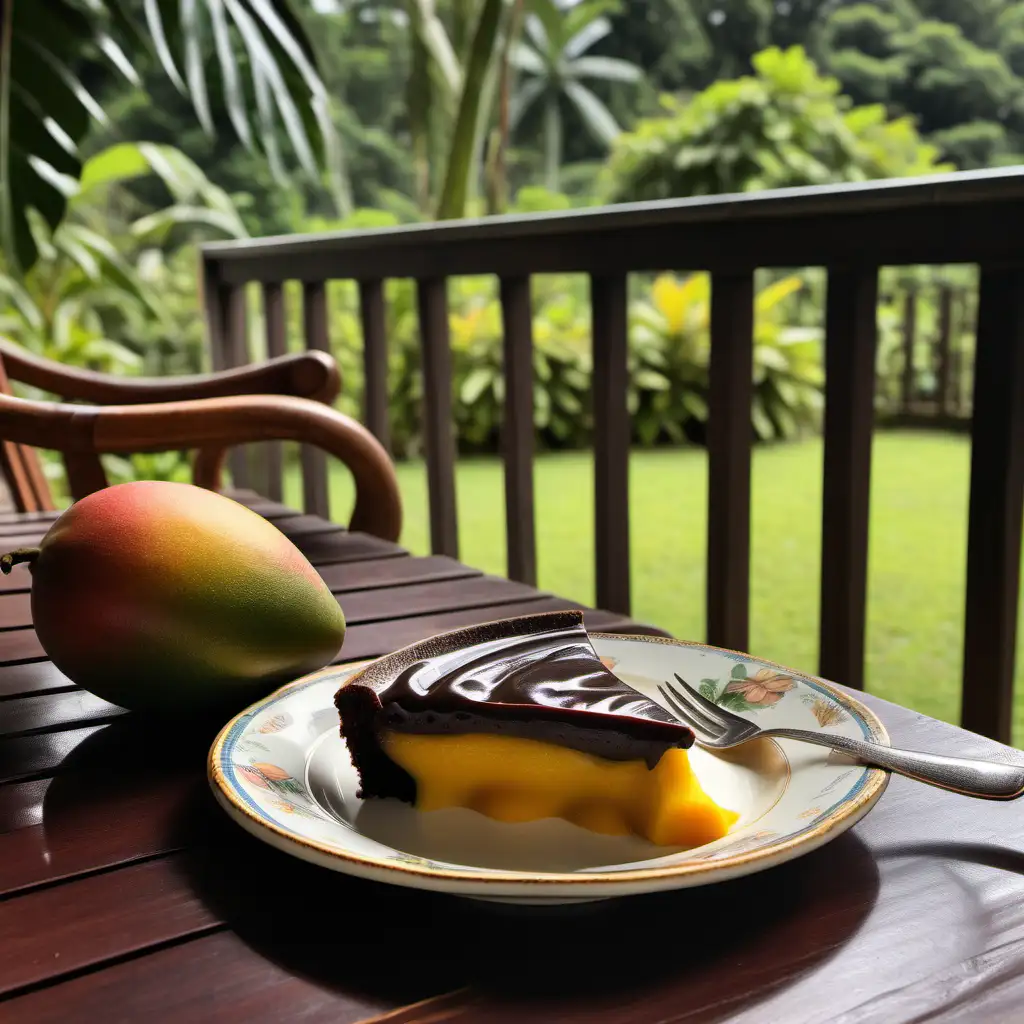 One slice of dark brown pudding is on top of the table. There is no topping on the pudding. A single ripe juicy mango is beside it on the table. The table is on the veranda. A wooden chair is beside the table.