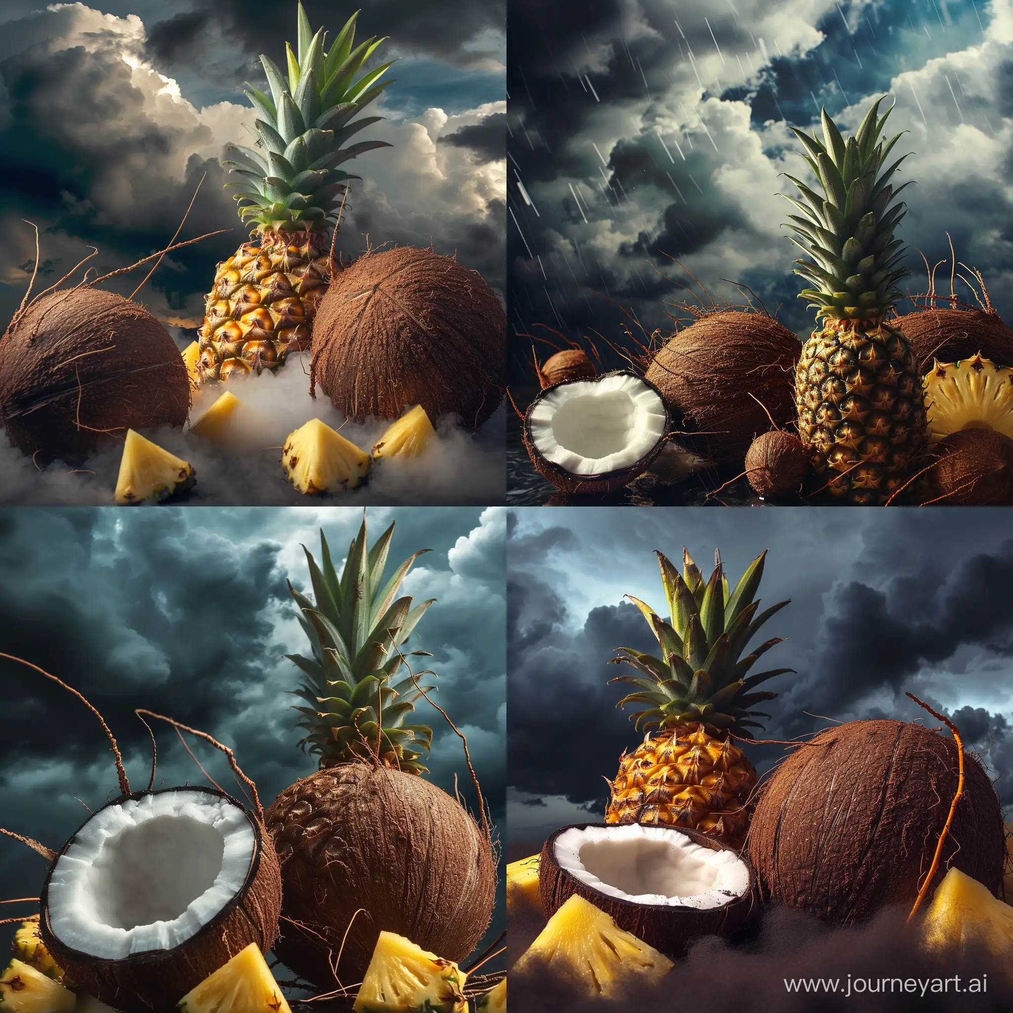 
Сгенерируй фотографию цельных  кокоса и ананаса вместе на фоне темных грозовых облаков в небесах 4k hd