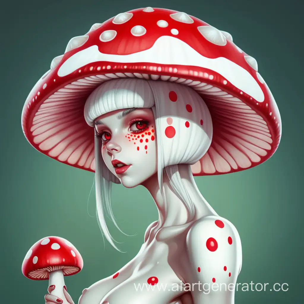 Хуманизация мухомора в латексную девушку с красной в белую крапинку латексной кожей с шляпкой гриба на голове