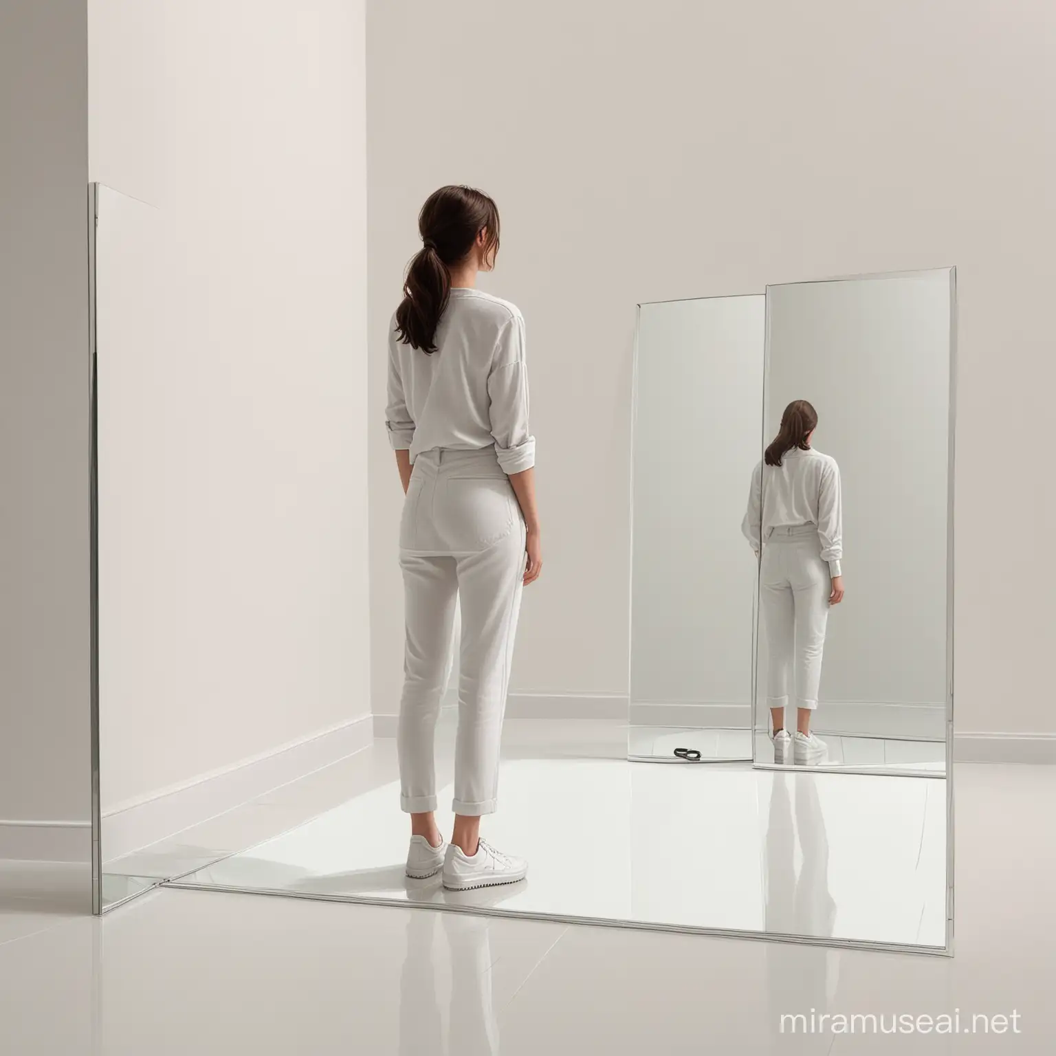 A cartoon of a woman dressed in modern clothes 
standing with back to us, looking into a mirror from 10 feet away, the reflection is blank, the background is all white with shadows on the white floor.