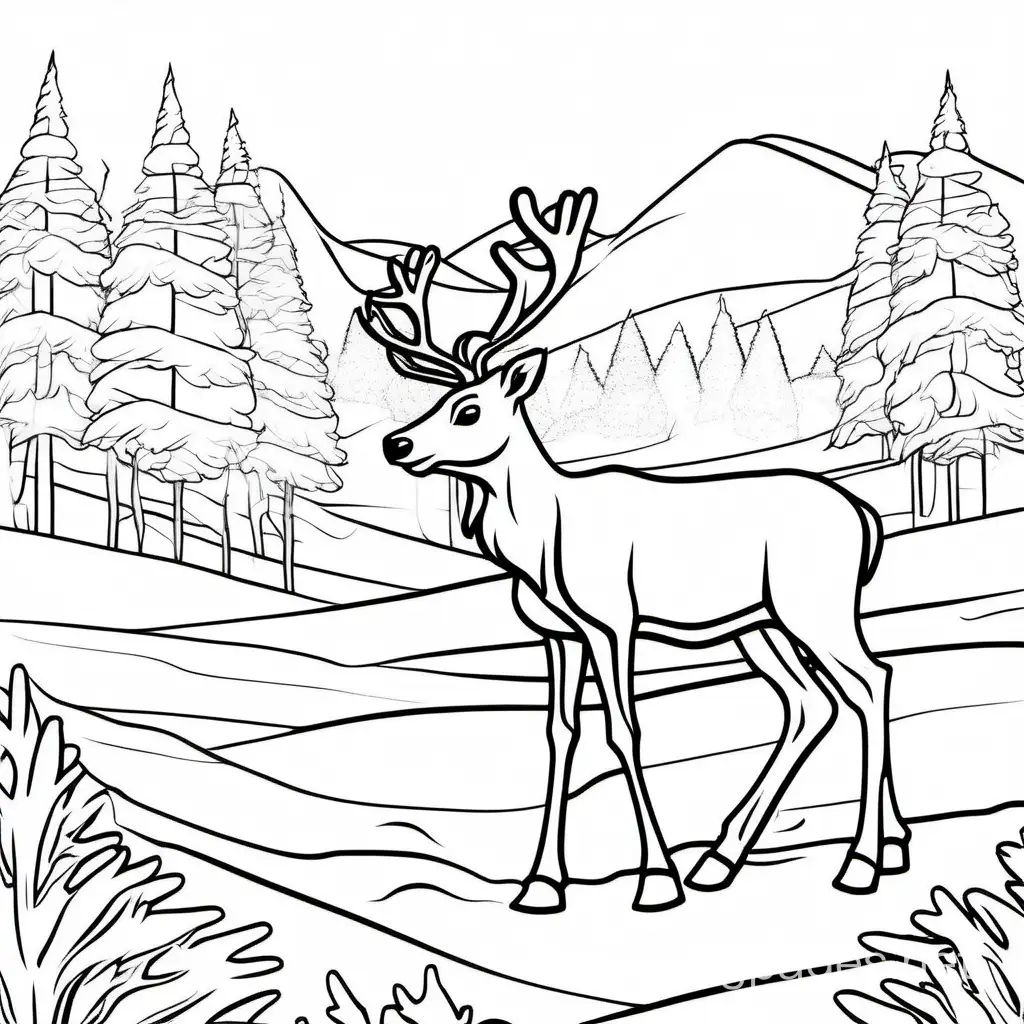 reindeer walking in tundra, Coloring Page, black and white, line art, white background, Simplicity, Ample White Space. The background of the coloring page is plain white to make it easy for young children to color within the lines. The outlines of all the subjects are easy to distinguish, making it simple for kids to color without too much difficulty