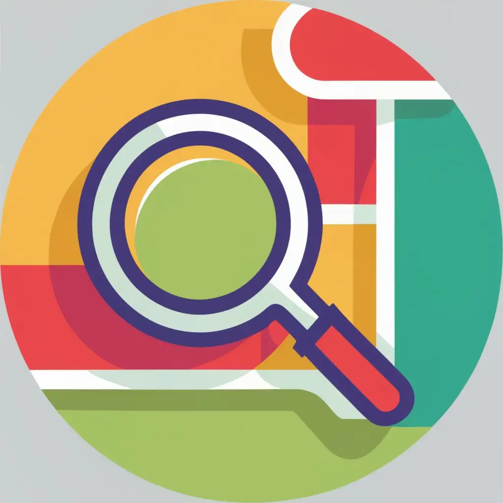 logo, round, circle, with the text "magnifying glass in red, green, yellow and red", typography